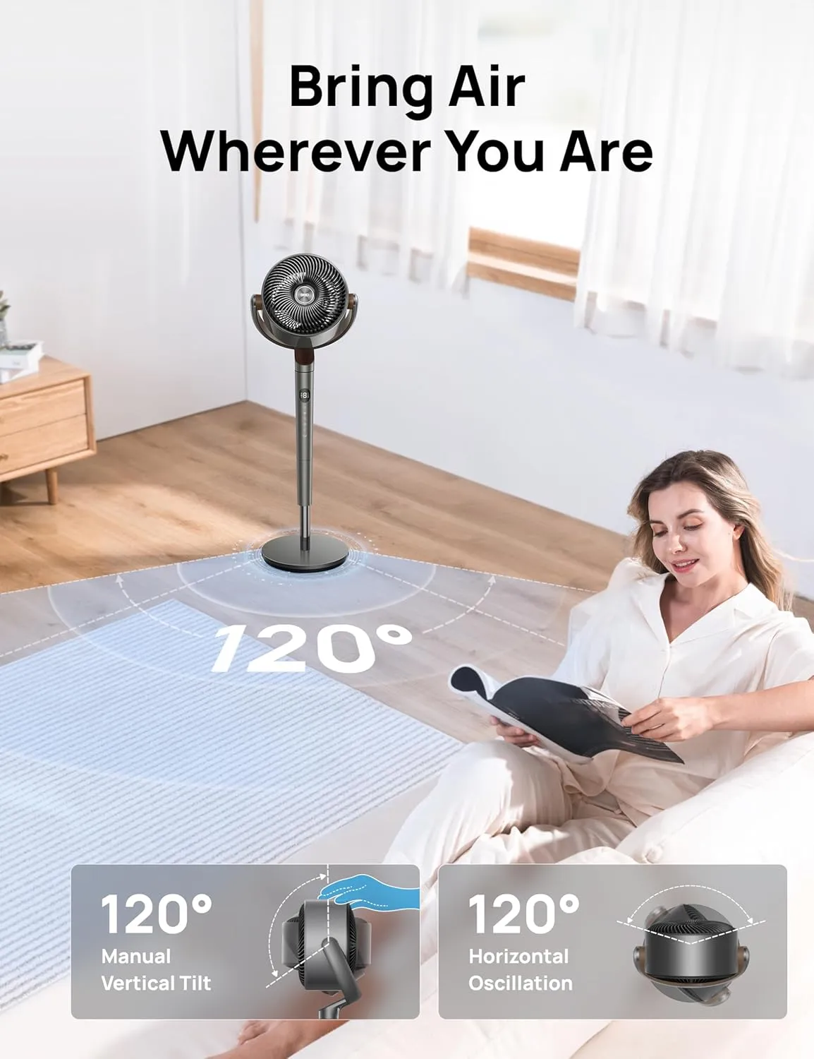 Dreo Fan for Bedroom, 120 Oscillating Standing Fans,Quiet Floor Fan with DC Motor, 85ft Pedestal Fans for Room,8 Speeds, 3 modes, 20dB, 120 Manual Vertical, 35-40" Adjustable Height, 8H Timer,Grey