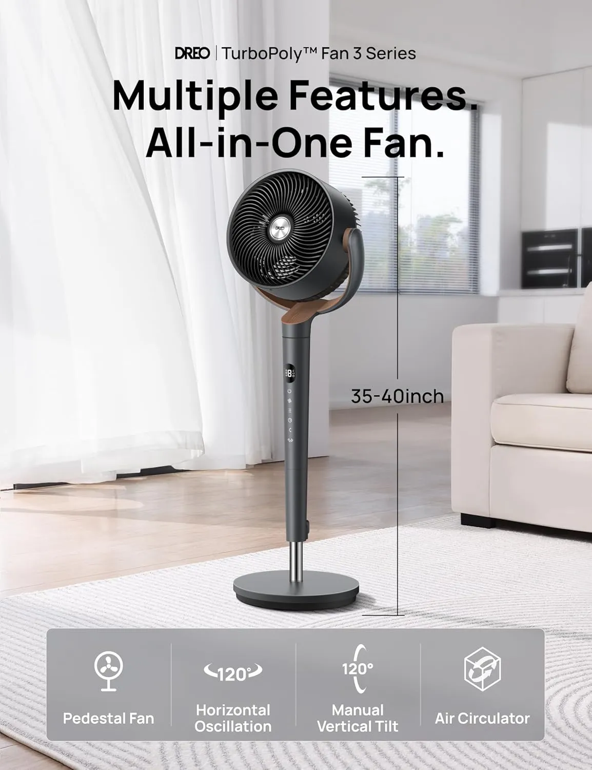 Dreo Fan for Bedroom, 120 Oscillating Standing Fans,Quiet Floor Fan with DC Motor, 85ft Pedestal Fans for Room,8 Speeds, 3 modes, 20dB, 120 Manual Vertical, 35-40" Adjustable Height, 8H Timer,Grey