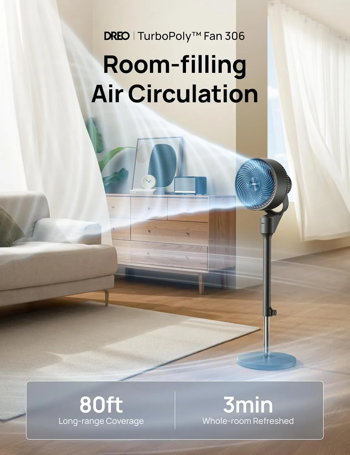 Dreo Fan for Bedroom, 80 Oscillating Standing Fan, 25dB Quiet, 80ft Pedestal Fans for Home Office, 90 Manual Vertical, 3 Speeds, Remote, 34-41" Adjustable Height, Air Circulator