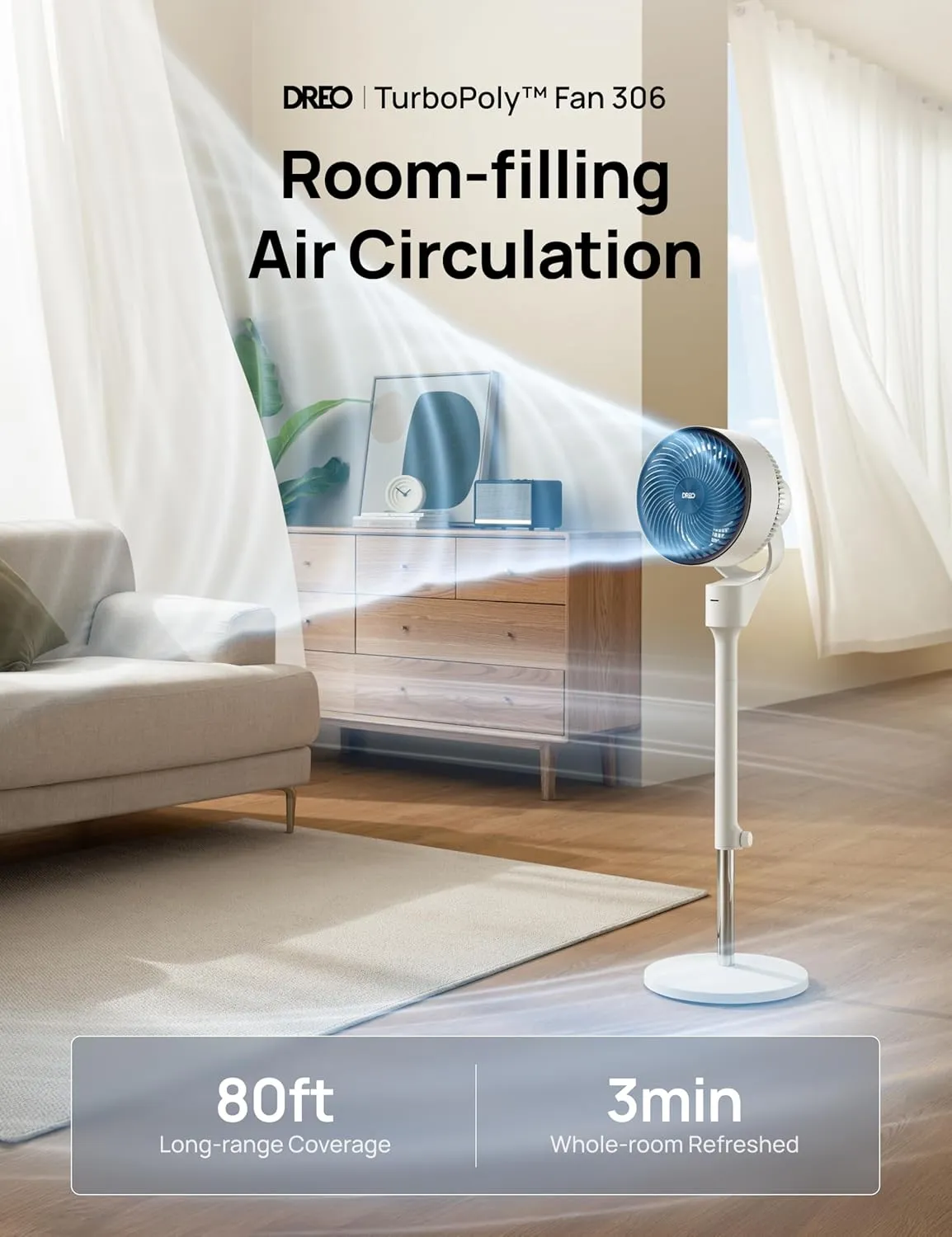 Dreo Fan for Bedroom, 80 Oscillating Standing Fan, 25dB Quiet, 80ft Pedestal Fans for Home Office, 90 Manual Vertical, 3 Speeds, Remote, 34-41" Adjustable Height, Air Circulator