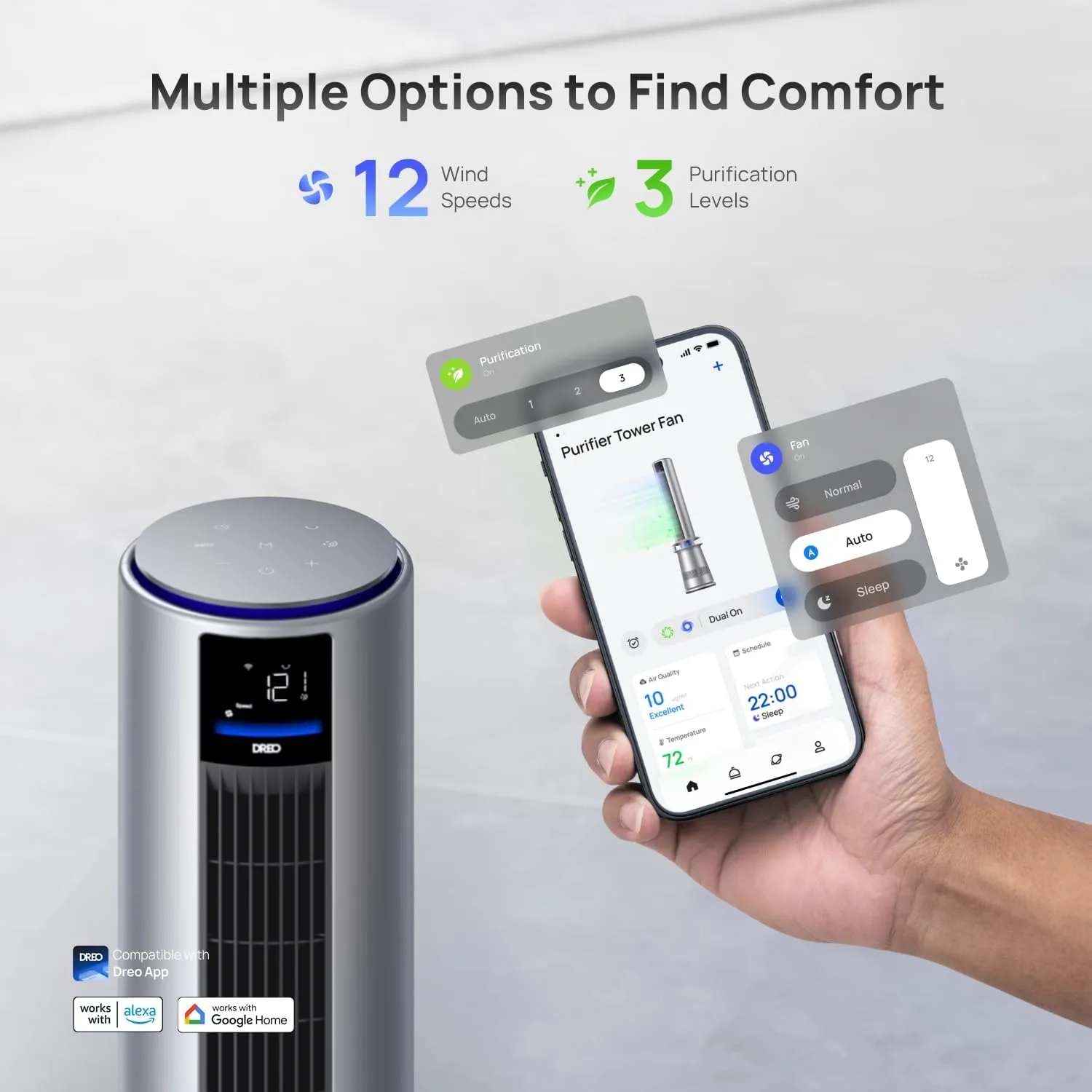 Dreo MC710S Air Purifier Tower Fan, 45" 2-in-1 Smart Fan for Bedroom, 27ft/s Velocity, 120Oscillation, 24H Timer Bladeless Fans for Home, 25dB Low Noise, Standing Fan Works with Alexa, Silver Blue