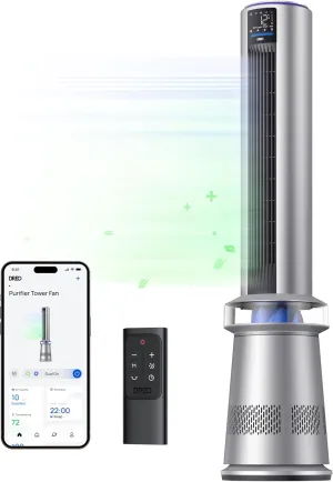 Dreo MC710S Air Purifier Tower Fan, 45" 2-in-1 Smart Fan for Bedroom, 27ft/s Velocity, 120Oscillation, 24H Timer Bladeless Fans for Home, 25dB Low Noise, Standing Fan Works with Alexa, Silver Blue Tower bladeless fan for modern homes