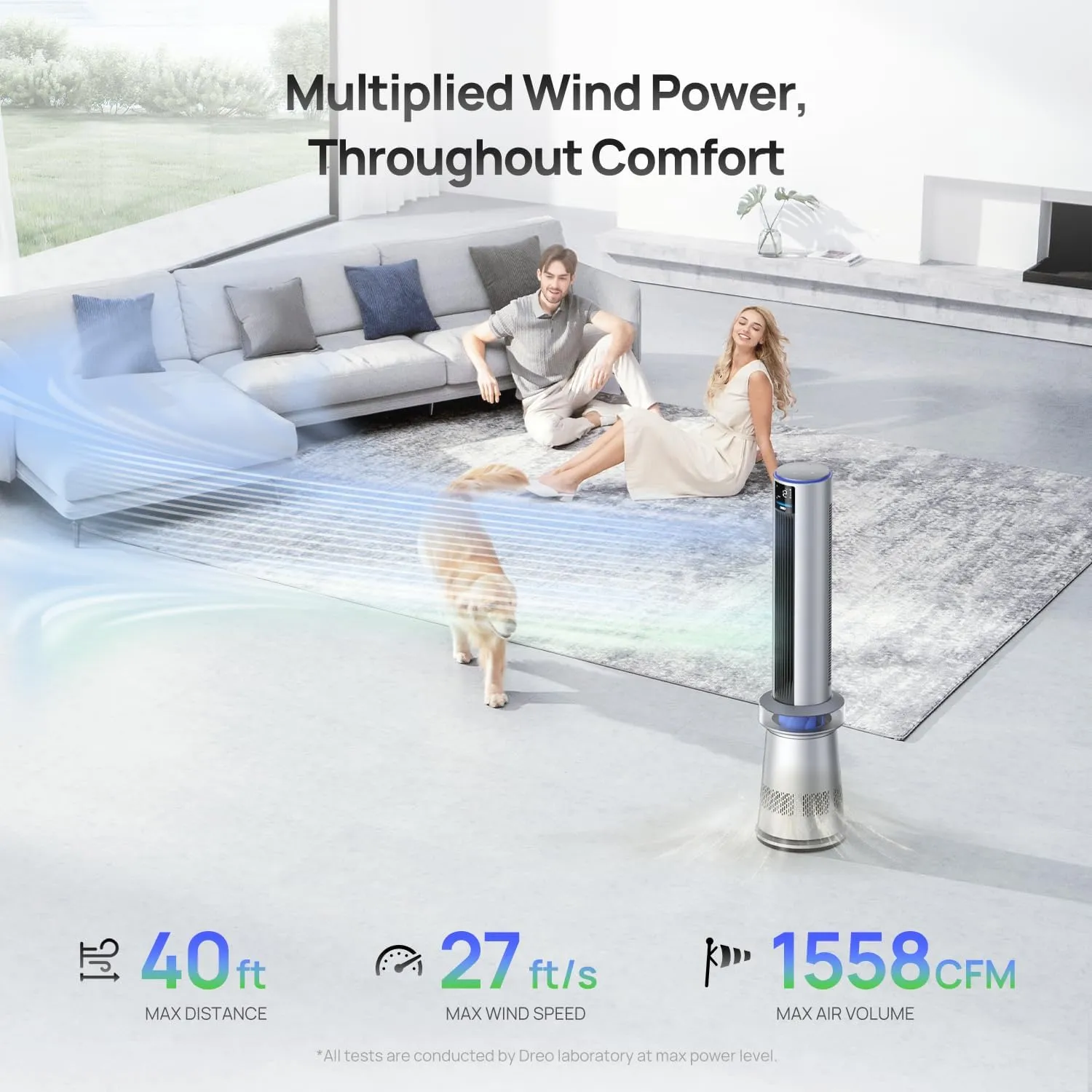 Dreo MC710S Air Purifier Tower Fan, 45" 2-in-1 Smart Fan for Bedroom, 27ft/s Velocity, 120Oscillation, 24H Timer Bladeless Fans for Home, 25dB Low Noise, Standing Fan Works with Alexa, Silver Blue