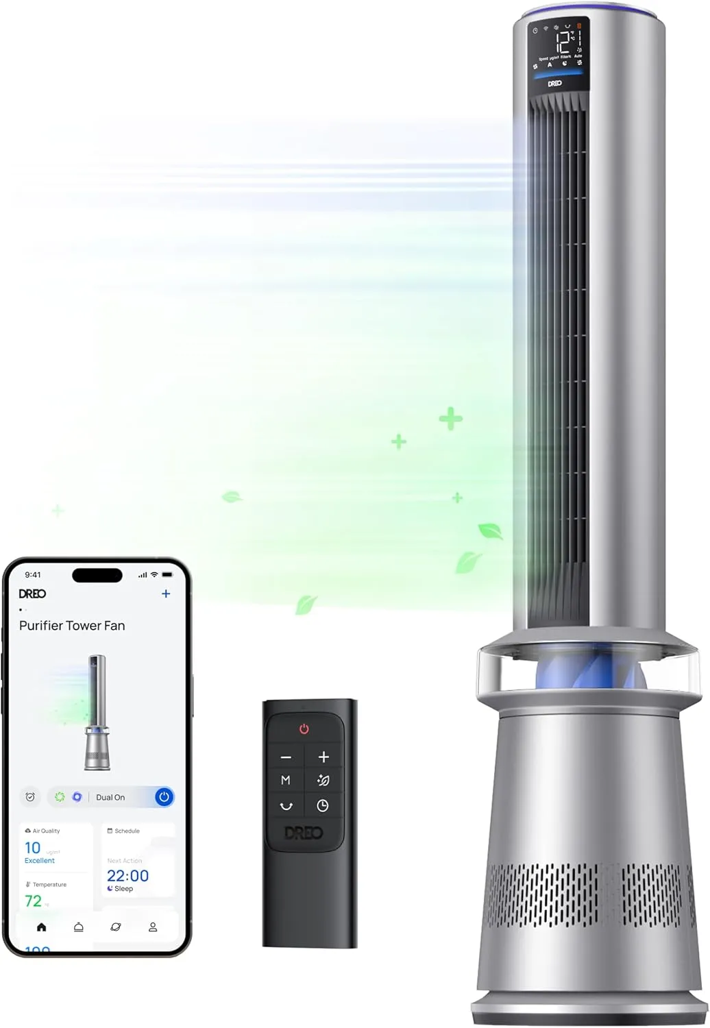 Dreo MC710S Air Purifier Tower Fan, 45" 2-in-1 Smart Fan for Bedroom, 27ft/s Velocity, 120Oscillation, 24H Timer Bladeless Fans for Home, 25dB Low Noise, Standing Fan Works with Alexa, Silver Blue Tower bladeless fan for modern homes