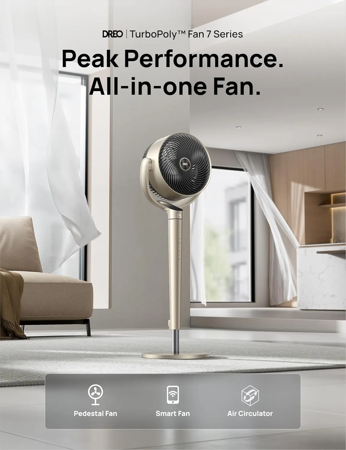 Dreo Pedestal Fan with Smart Control, 43'' Inches, 150 120 Omni-Directional Oscillating Quiet Fans for Bedroom, 110ft Circulator Fan with DC Motor, 9 Speeds, 6 Modes, 12H Timer, Wi-Fi/Voice/Alexa