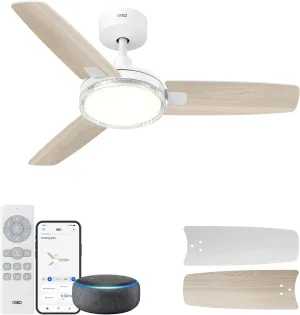 Dreo Smart Ceiling Fans with Lights, 42 Inch White Ceiling Fan, 12 Speeds & 3 Fan Modes, Stepless Color Tones, Dimmable LED Light, 1-12H Timer, Quiet DC Motor, Remote/APP/Alexa/Wall Switch Control App-controlled remote fan for convenience