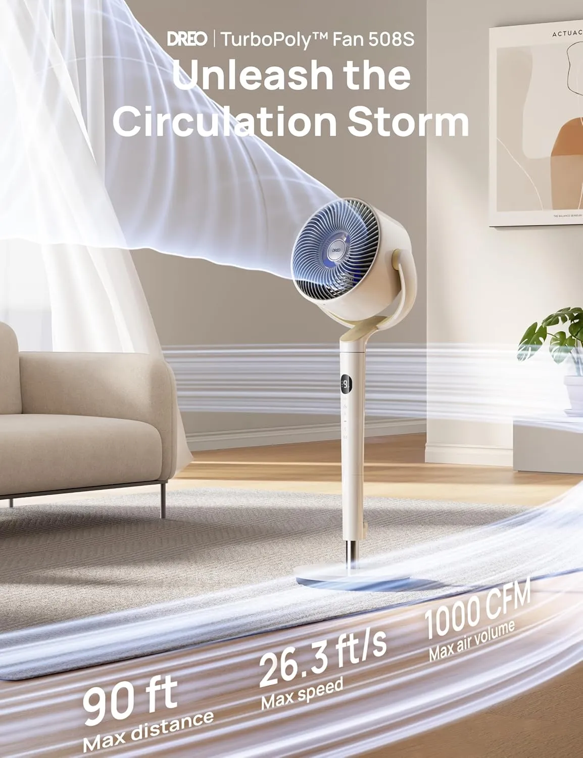 Dreo Smart Fan for Bedroom, 120  120 Omni-Directional Oscillating Fans, 90ft Quiet Pedestal Fan with RGB Light, 9 Speeds, 6 Modes, 20dB, 8H Timer, Wi-Fi/Voice/Alexa, 37-42" Floor Fans with Remote