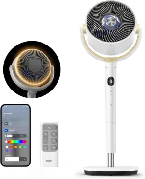 Dreo Smart Fan for Bedroom, 120  120 Omni-Directional Oscillating Fans, 90ft Quiet Pedestal Fan with RGB Light, 9 Speeds, 6 Modes, 20dB, 8H Timer, Wi-Fi/Voice/Alexa, 37-42" Floor Fans with Remote Tower bladeless fan for modern homes