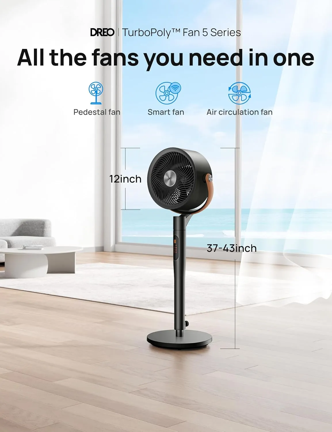 Dreo smart fan for bedroom, 43'' Quiet Floor Fan for Room with Remote, 120 105 Smart Oscillating Standing Fans with Wi-Fi/Voice Control, Works with Alexa/Google, 6 Modes, 8 Speeds,Grey