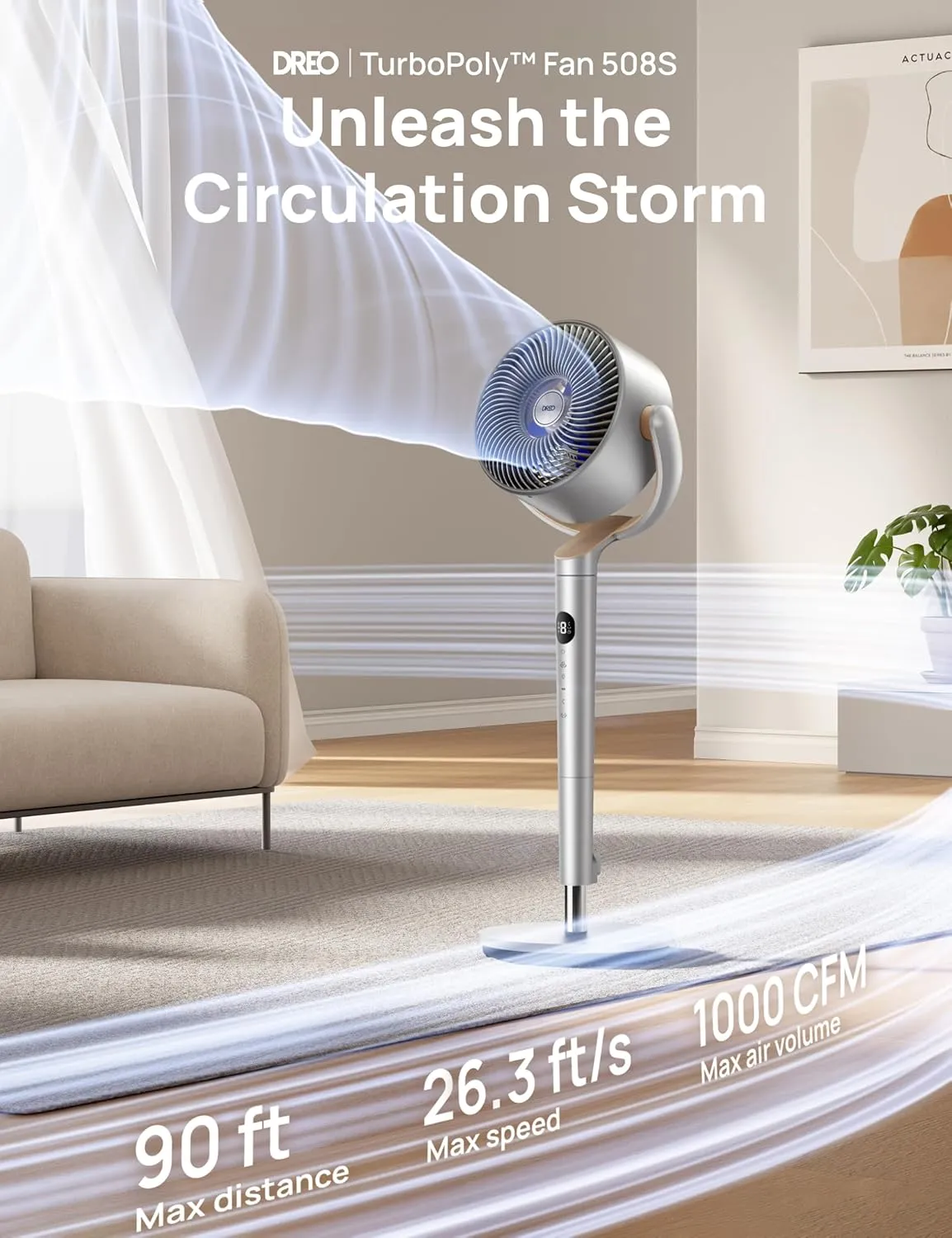 Dreo Smart Fans for Bedroom, 120  120 Omni-Directional Oscillating Fan, 90ft Quiet Pedestal Fan with RGB Light, 9 Speeds, 6 Modes, 20dB, 8H Timer, Wi-Fi/Voice, 37-42" Floor Fans with Remote, Silver