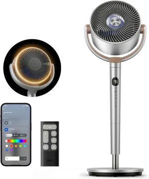 Dreo Smart Fans for Bedroom, 120  120 Omni-Directional Oscillating Fan, 90ft Quiet Pedestal Fan with RGB Light, 9 Speeds, 6 Modes, 20dB, 8H Timer, Wi-Fi/Voice, 37-42" Floor Fans with Remote, Silver Tower bladeless fan for modern homes