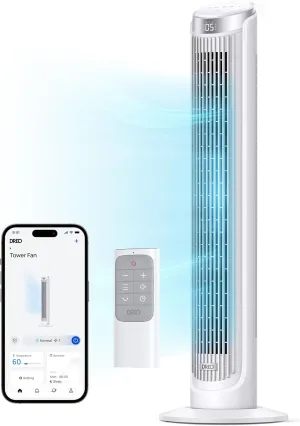 Dreo Smart Tower Fan for Bedroom, Standing Fans for Indoors, 90 Oscillating, 26ft/s Velocity Quiet Floor Fan with Remote, 12H Timer, Voice Control Fans for Indoors, Compatible with Alexa Small bladeless fan for quiet cooling
