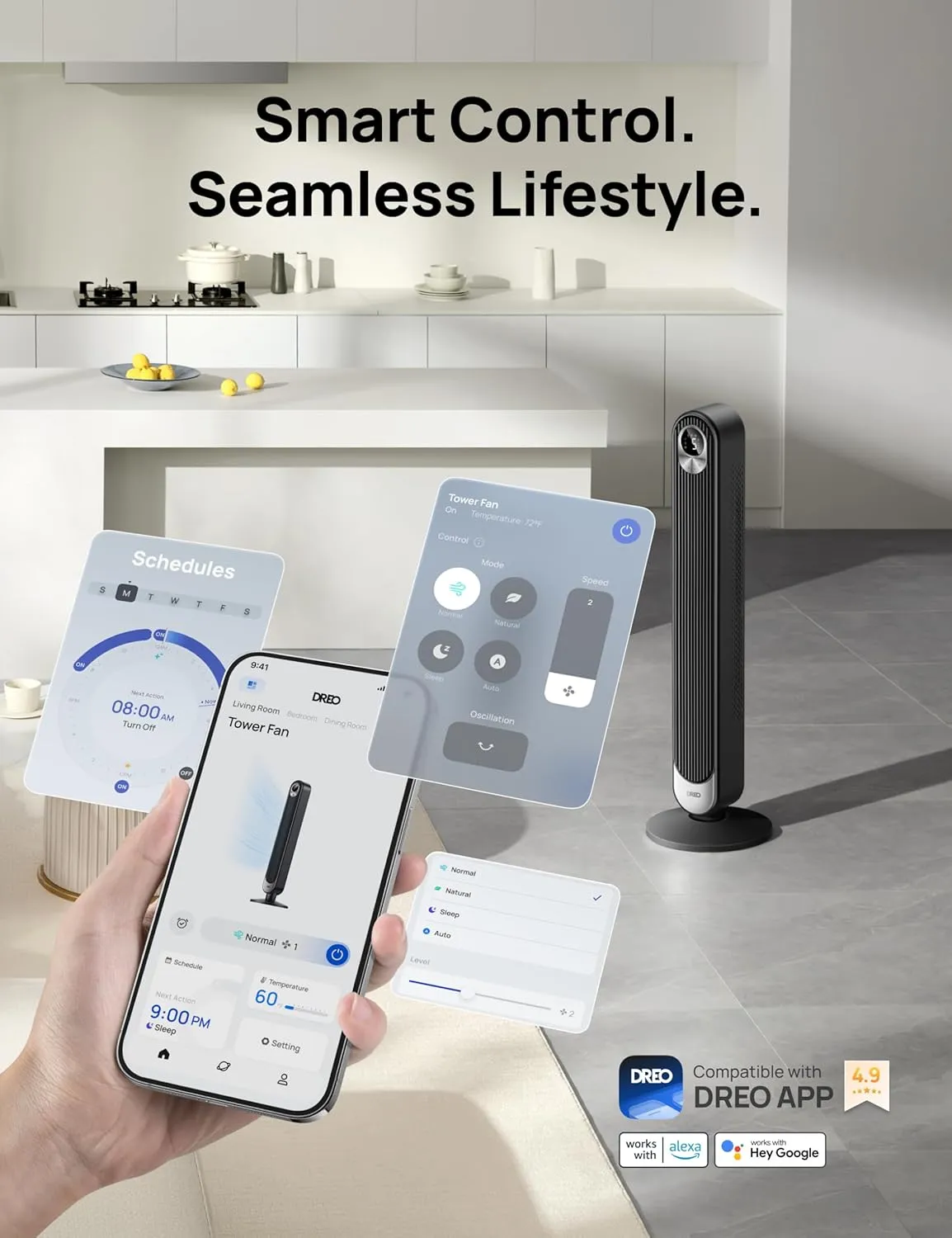 Dreo Smart Tower Fan WiFi Voice Control, Works with Alexa/Google, Cruiser Pro T1S Floor Standing Bladeless Oscillating Fan with Remote, 6 Speeds, 4 Modes, 12H Timer, for Indoor Bedroom Home Office