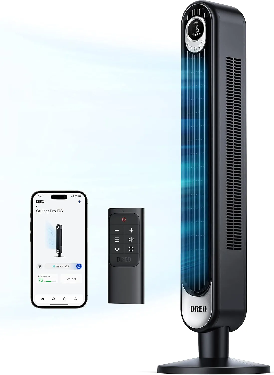 Dreo Smart Tower Fan WiFi Voice Control, Works with Alexa/Google, Cruiser Pro T1S Floor Standing Bladeless Oscillating Fan with Remote, 6 Speeds, 4 Modes, 12H Timer, for Indoor Bedroom Home Office Tower bladeless fan for modern homes