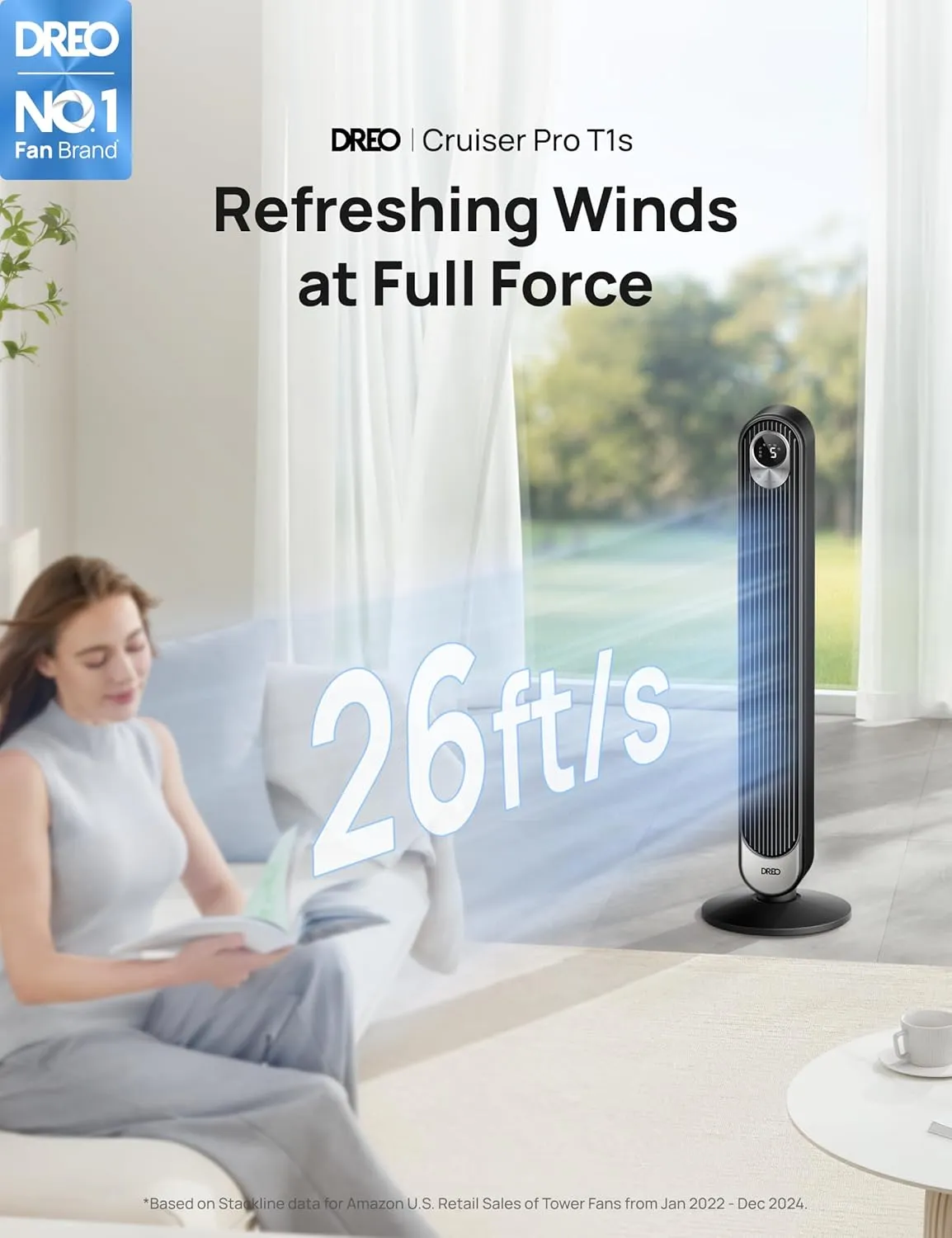 Dreo Smart Tower Fan WiFi Voice Control, Works with Alexa/Google, Cruiser Pro T1S Floor Standing Bladeless Oscillating Fan with Remote, 6 Speeds, 4 Modes, 12H Timer, for Indoor Bedroom Home Office
