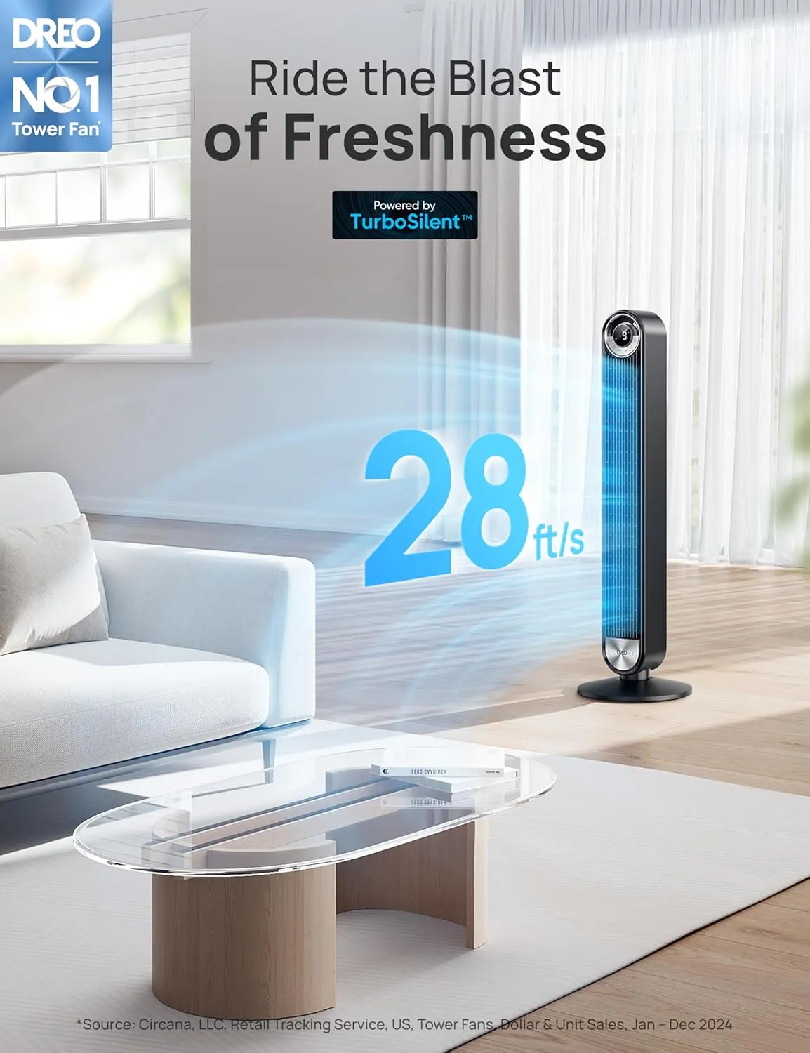 Dreo Smart Tower Fans for Home, 90 Oscillating Fan Bedroom Indoors, Voice Control Floor with 12H Timer, 42 Inch Quiet Bladeless Standing LED Display, 9 Speeds, Work Alexa/Google