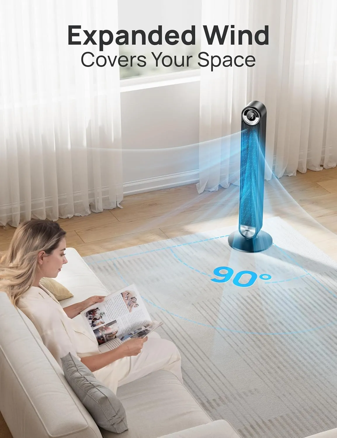 Dreo Smart Tower Fans for Home, 90 Oscillating Fan Bedroom Indoors, Voice Control Floor with 12H Timer, 42 Inch Quiet Bladeless Standing LED Display, 9 Speeds, Work Alexa/Google