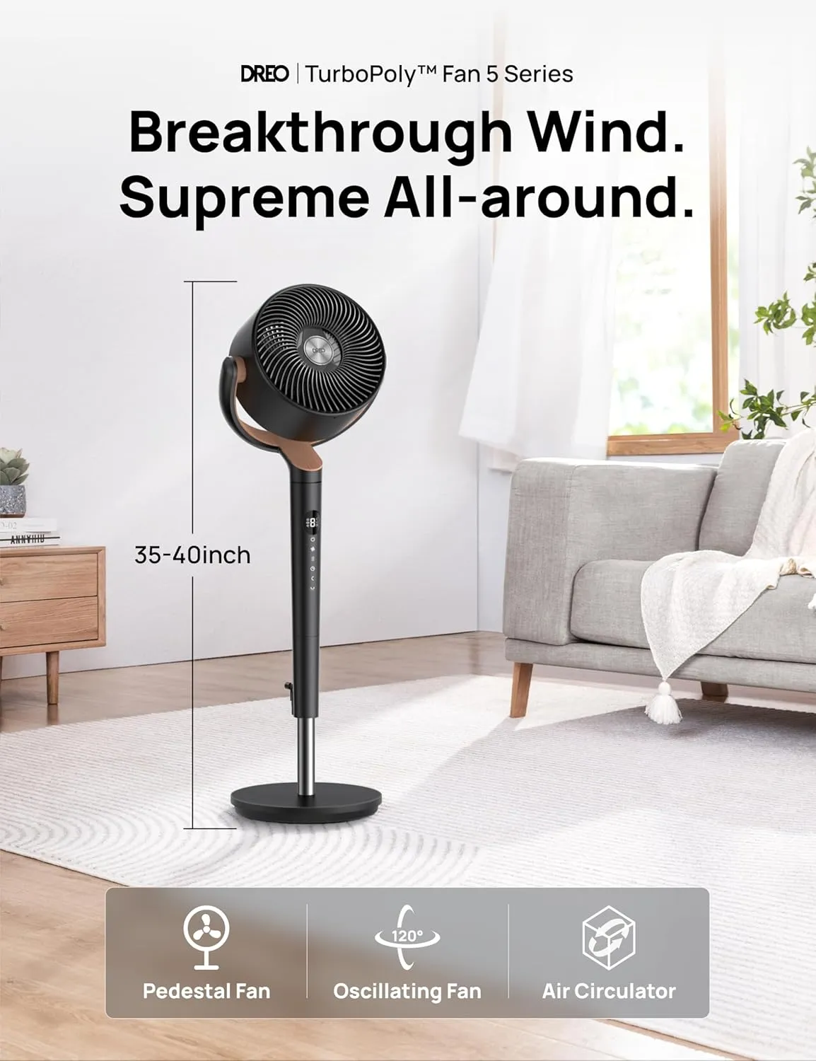 Dreo Standing Fan For Bedroom, 120 120Omni-directional Oscillating Fan, 85 ft Circulator With Remote, DC Motor Quiet Pedestal Room Fans, 8 Speeds, 3 Modes, 8H Timer, PolyFan 502 Black
