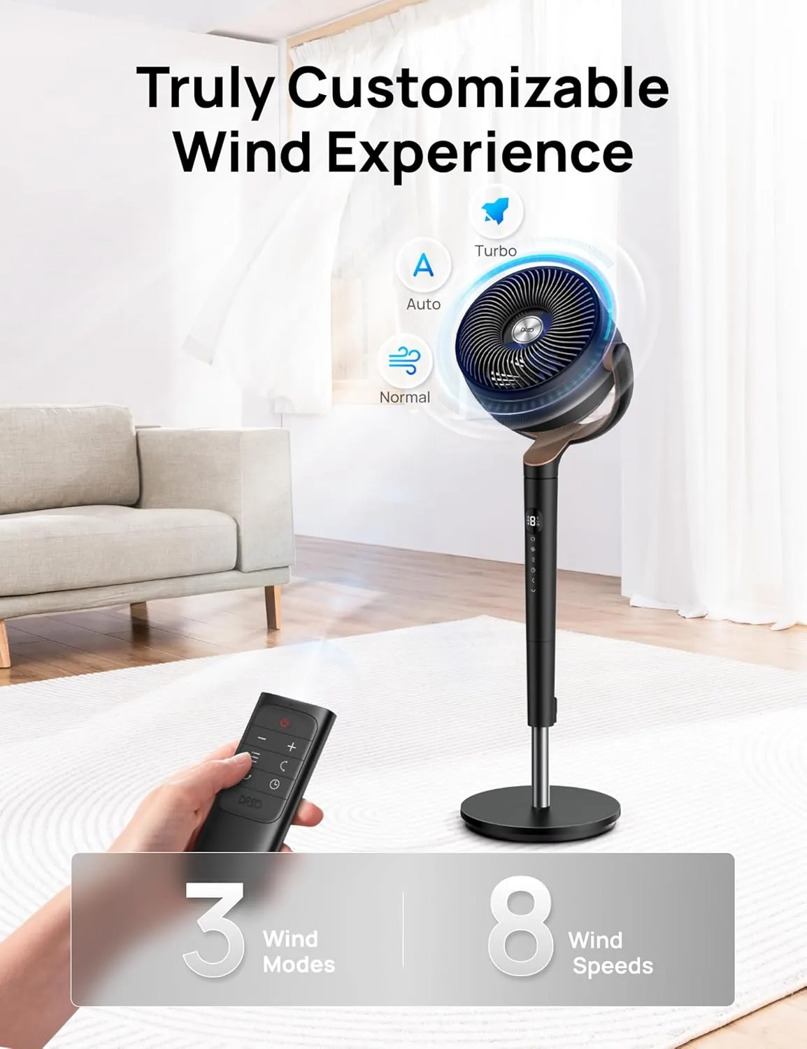 Dreo Standing Fan For Bedroom, 120 120Omni-directional Oscillating Fan, 85 ft Circulator With Remote, DC Motor Quiet Pedestal Room Fans, 8 Speeds, 3 Modes, 8H Timer, PolyFan 502 Black