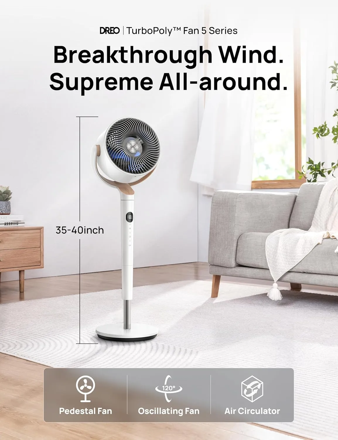 Dreo Standing Fan For Bedroom, 120 120Omni-directional Oscillating Fan, 85 ft Circulator With Remote, DC Motor Quiet Pedestal Room Fans, 8 Speeds, 3 Modes,8H Timer, PolyFan 502 White