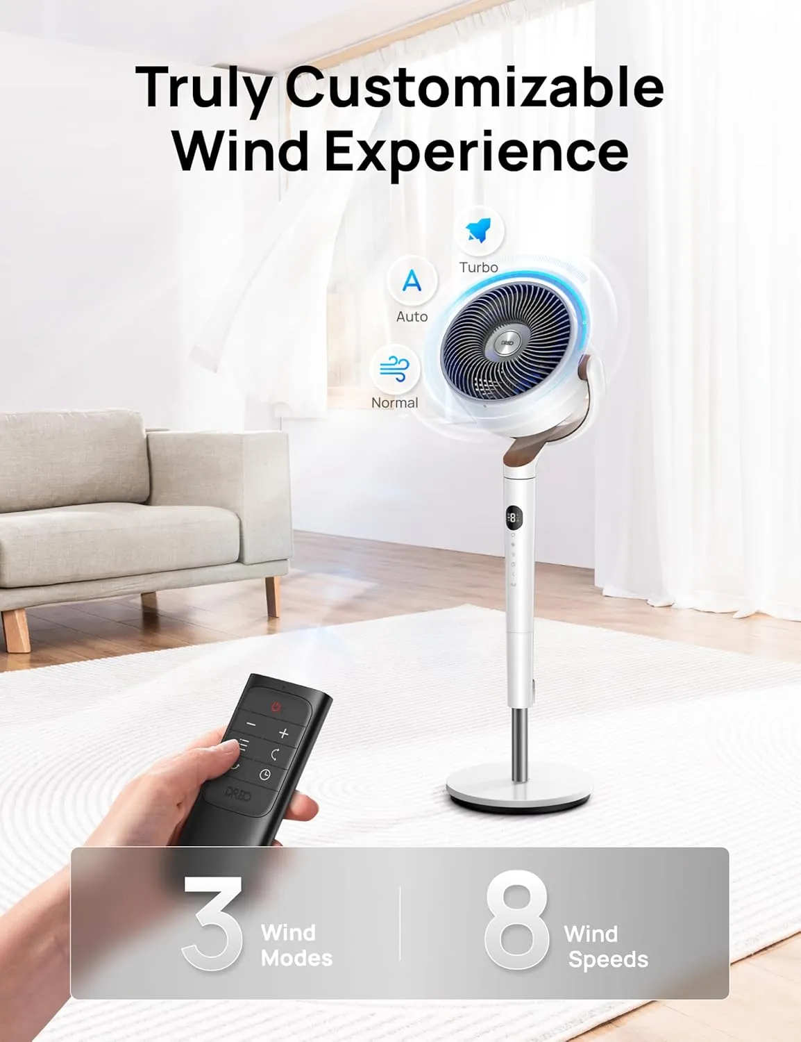 Dreo Standing Fan For Bedroom, 120 120Omni-directional Oscillating Fan, 85 ft Circulator With Remote, DC Motor Quiet Pedestal Room Fans, 8 Speeds, 3 Modes,8H Timer, PolyFan 502 White