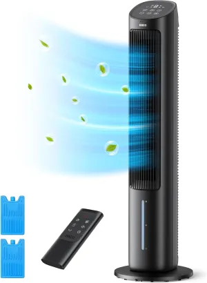Dreo Tower Fan, 40 Fans that Blow Cold Air, 80 Oscillating, Removable Water Tank, Remote Control, 4 Speeds, 7H Timer, Bedroom, Black Tower bladeless fan for modern homes