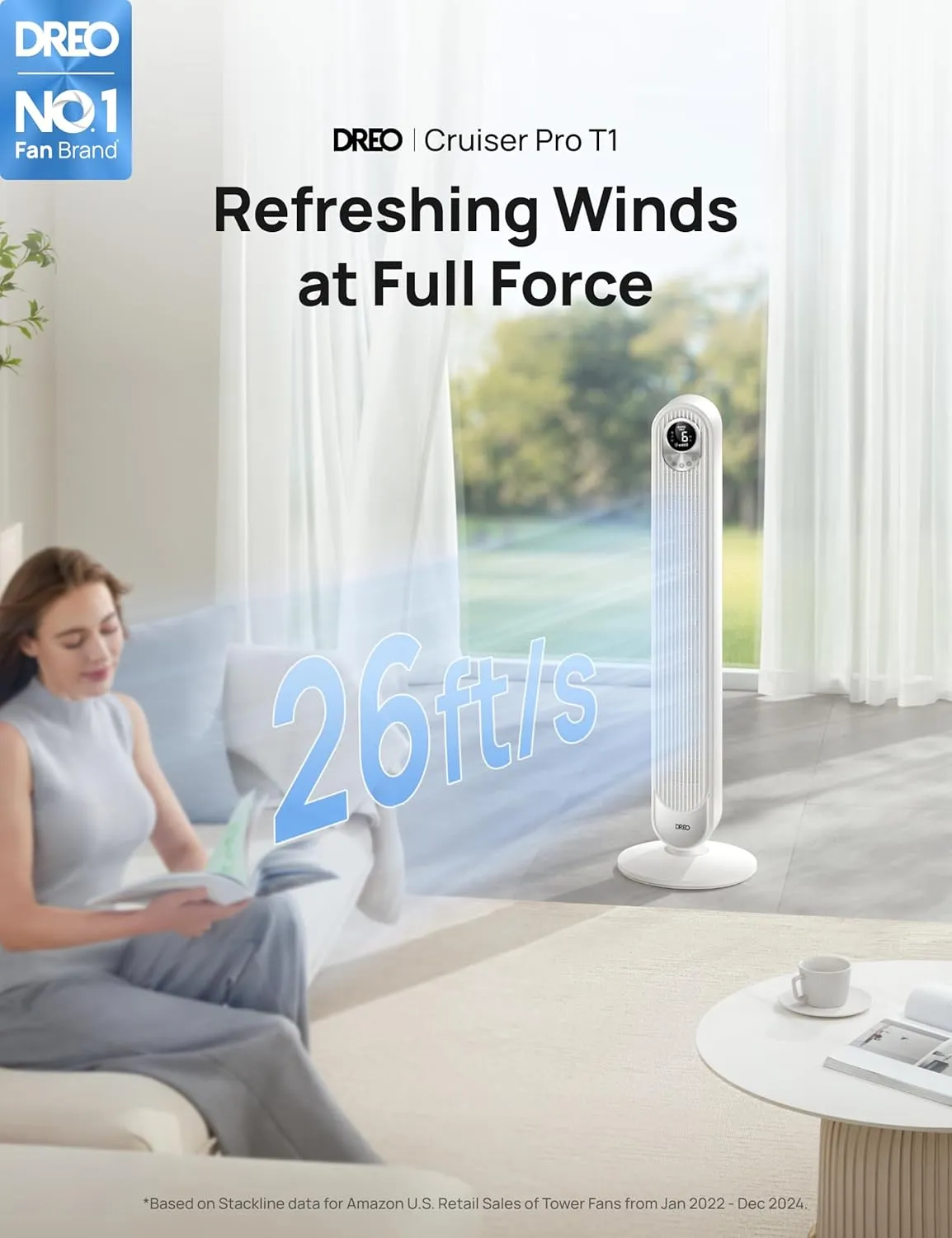 Dreo Tower Fan 42 Inch, Cruiser Pro T1 Quiet Oscillating Bladeless Fan with Remote, 6 Speeds, 4 Modes, LED Display, 12H Timer, White Floor Standing Fan Powerful for Indoor Home Bedroom Office Room