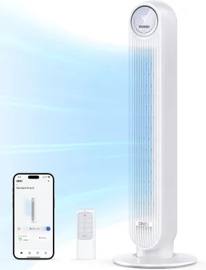 Dreo Tower Fan for Bedroom, 25ft/s Smart Standing Fans, 90 Oscillating Floor Fan with 4 Modes, 4 Speeds, 8H Timer, 28dB, Bladeless, Remote, 28 dB, Works with WiFi Voice Control Desktop fan with humidification feature