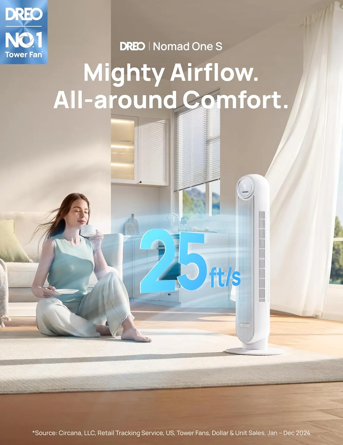 Dreo Tower Fan for Bedroom, 25ft/s Smart Standing Fans, 90 Oscillating Floor Fan with 4 Modes, 4 Speeds, 8H Timer, 28dB, Bladeless, Remote, 28 dB, Works with WiFi Voice Control