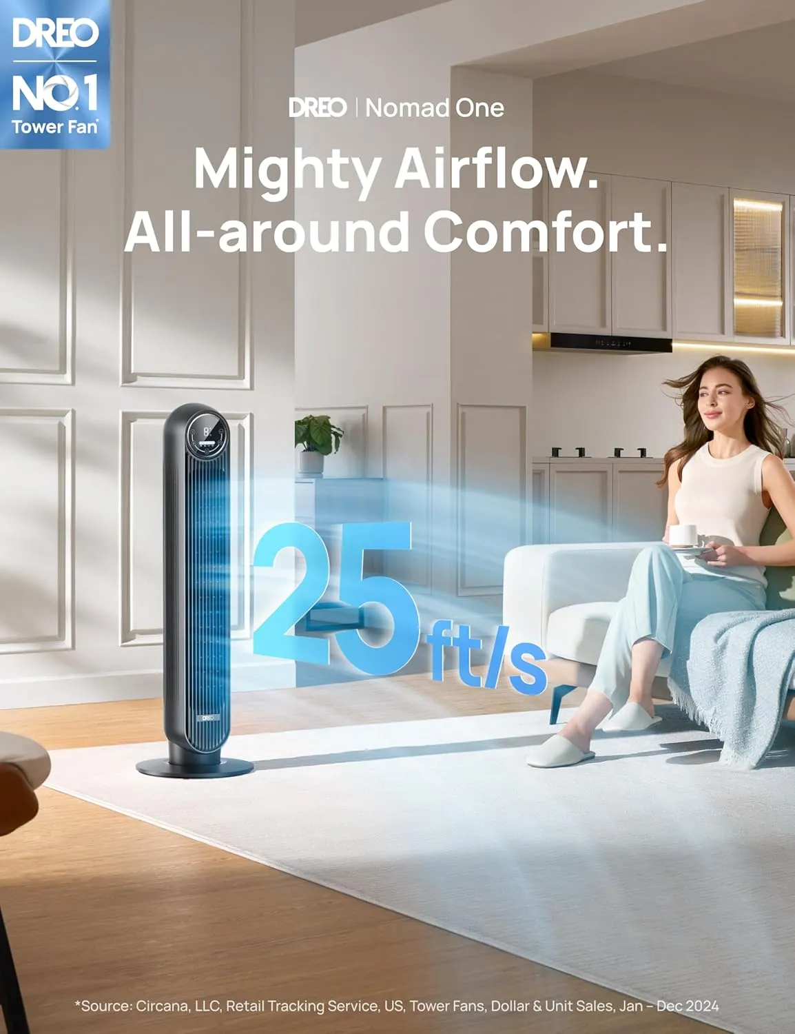 Dreo Tower Fan for Bedroom, 25ft/s Velocity Quiet Floor Fan, 90 Oscillating Fans for Indoors with 4 Speeds, 4 Modes, 8H Timer, Standing Fans, Bladeless Fan, Black, Nomad One (DR-HTF007)
