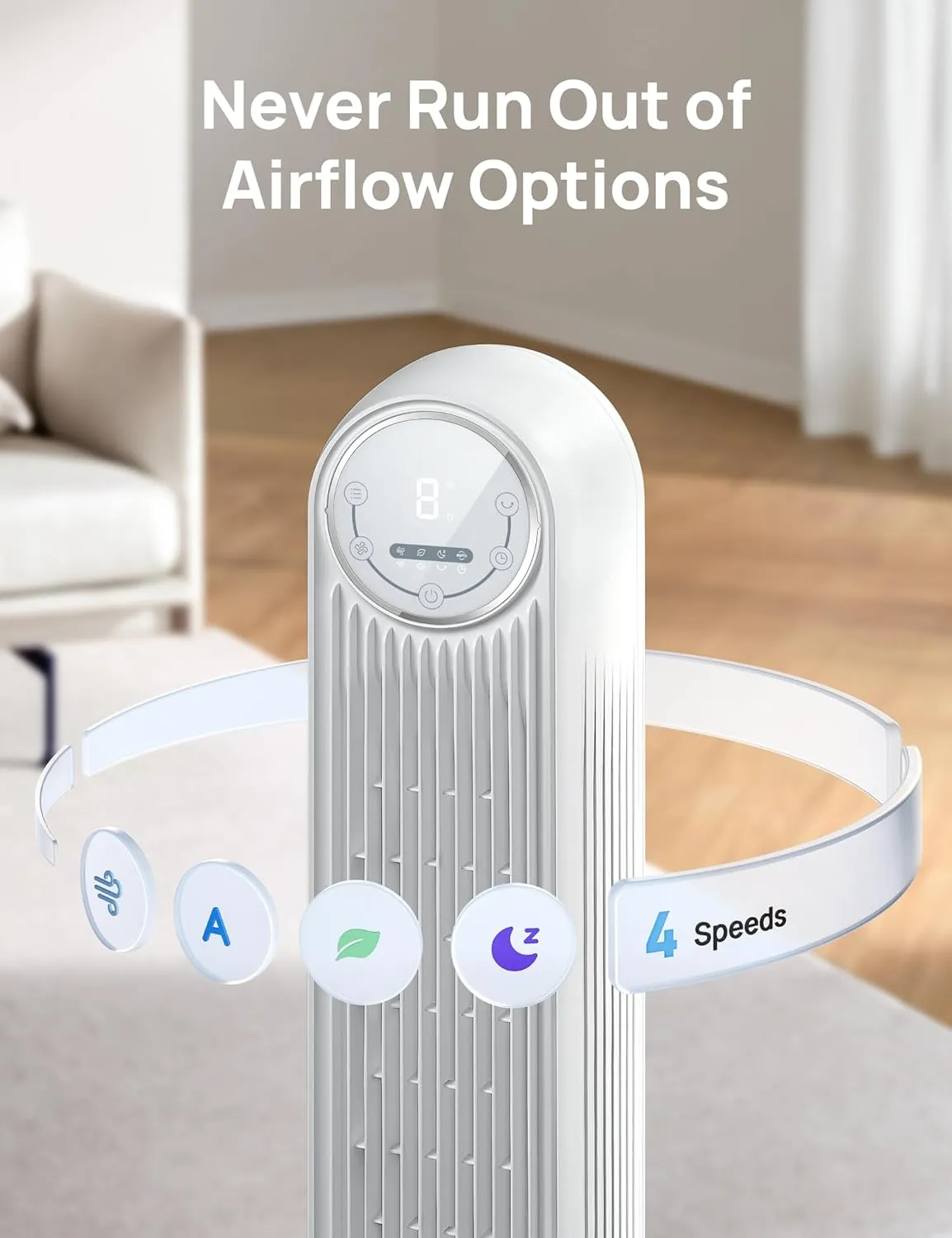 Dreo Tower Fan for Bedroom, 25ft/s Velocity Quiet Floor Fan, 90 Oscillating Fans for Indoors with 4 Speeds, 4 Modes, 8H Timer, Standing Fans, Bladeless Fan, White, Nomad One (DR-HTF007)
