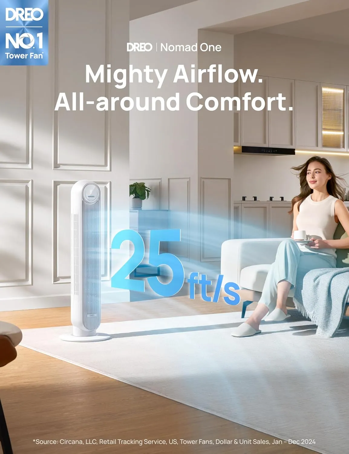Dreo Tower Fan for Bedroom, 25ft/s Velocity Quiet Floor Fan, 90 Oscillating Fans for Indoors with 4 Speeds, 4 Modes, 8H Timer, Standing Fans, Bladeless Fan, White, Nomad One (DR-HTF007)