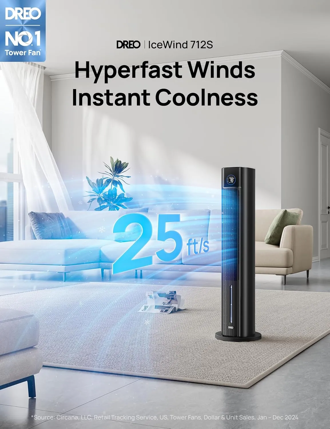 Dreo Tower Fan for Bedroom, 43" Cooling Fans That Blow Cold Air 2025 Upgraded, Evaporative Air Cooler, Quiet 85 Oscillating Floor Fan, Easy Cleaning, APP Control, 4 Modes & 4 Speeds, 12H Timer, Black