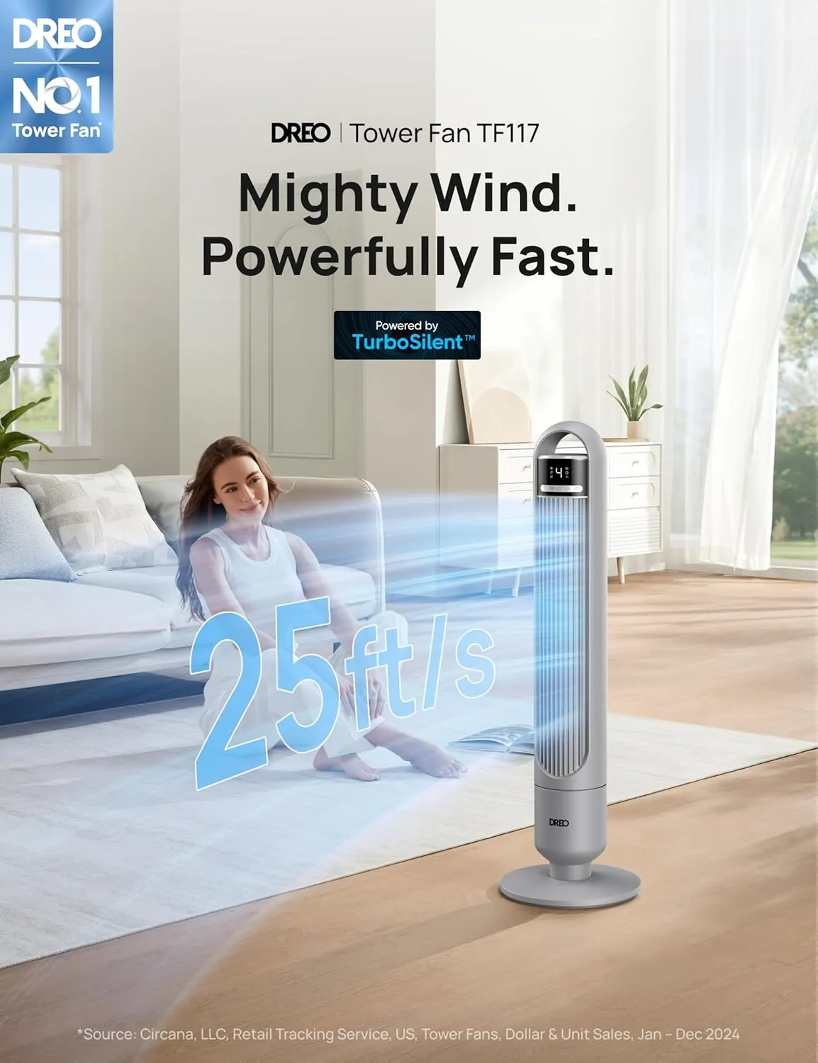 Dreo Tower Fan for Bedroom, 90 Oscillating Fan, Standing Fan with 3 Modes, 4 Speeds, 8H Timer Cooling Fans for Home, Living Room, Office, Grey, TF117