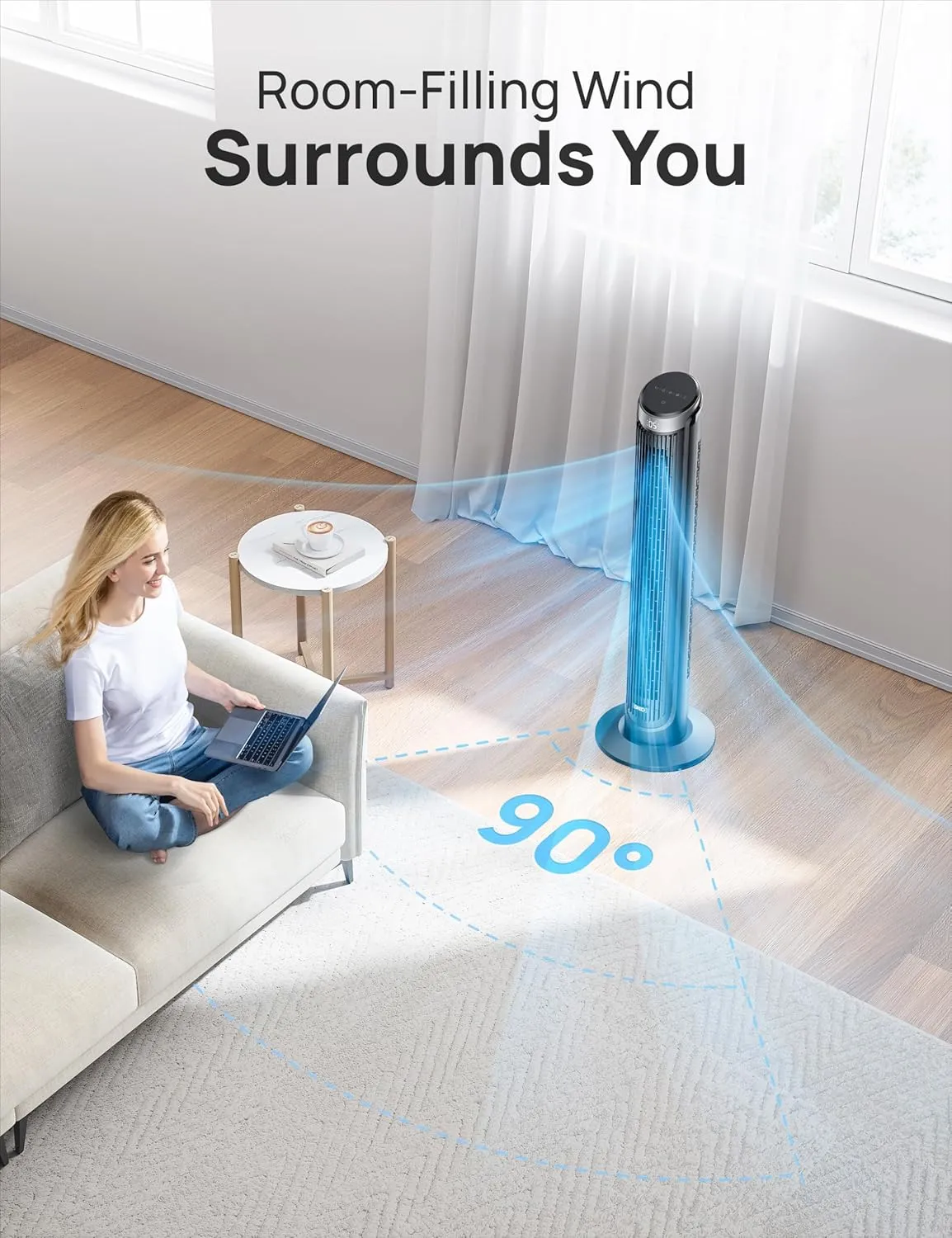 Dreo Tower Fan for Bedroom, 90 Oscillating Fans that Blow Cold Air, 5 Speeds, 4 Modes with 26ft/s Velocity, 12H & 28dB Quiet Timer, Remote, Touch, 40" Standing Floor Fan for Home Office, Black