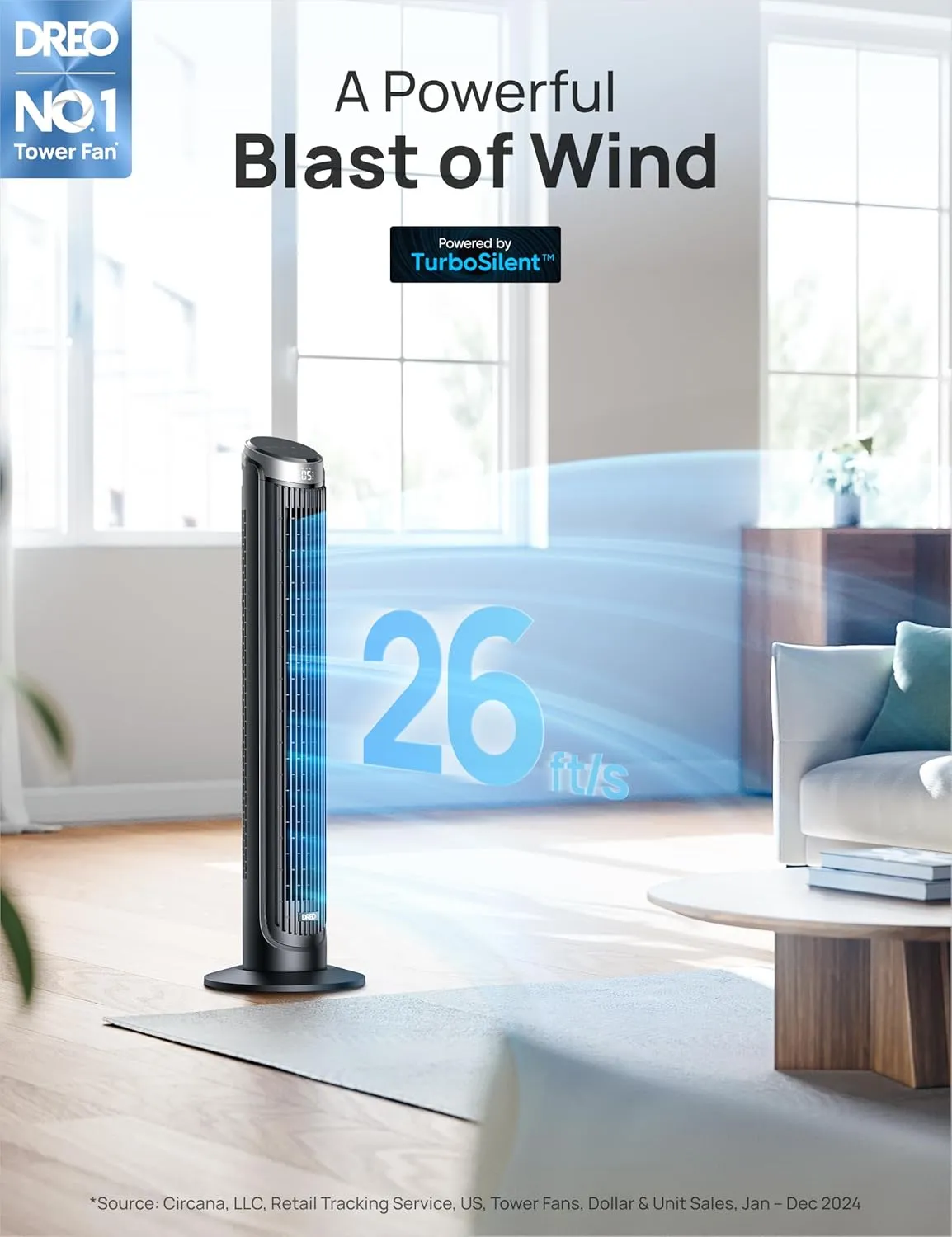 Dreo Tower Fan for Bedroom, 90 Oscillating Fans that Blow Cold Air, 5 Speeds, 4 Modes with 26ft/s Velocity, 12H & 28dB Quiet Timer, Remote, Touch, 40" Standing Floor Fan for Home Office, Black