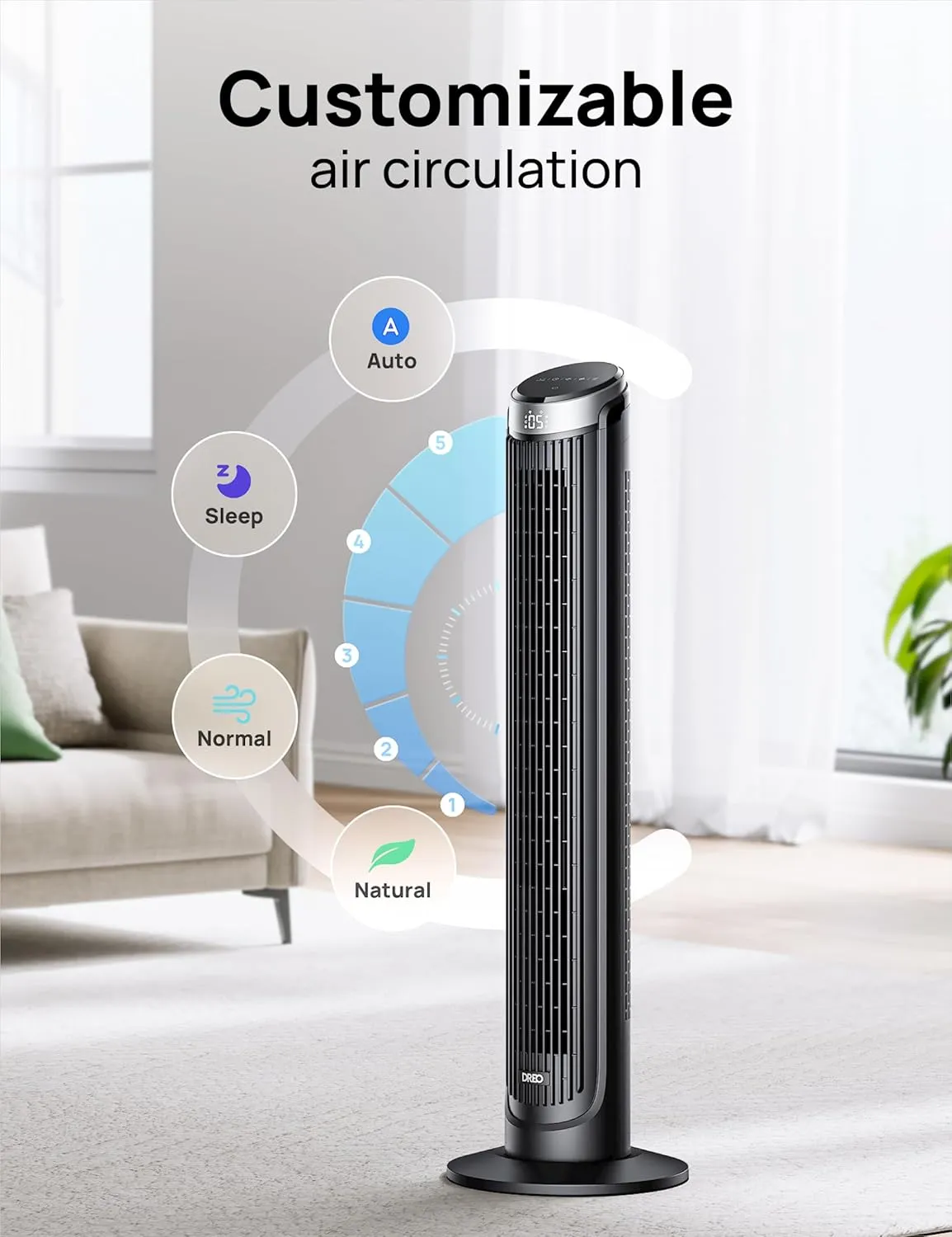 Dreo Tower Fan for Bedroom, 90 Oscillating Fans that Blow Cold Air, 5 Speeds, 4 Modes with 26ft/s Velocity, 12H & 28dB Quiet Timer, Remote, Touch, 40" Standing Floor Fan for Home Office, Black