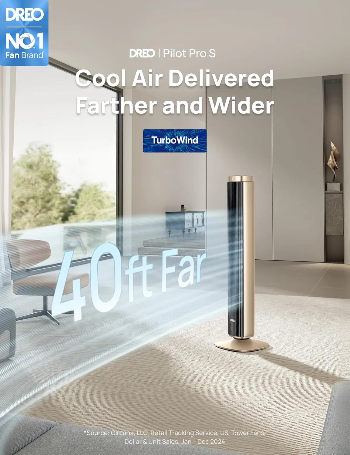 Dreo Tower Fan for Bedroom, 90 Oscillating Standing Fan with 40ft Far Airflow, 25dB Ultra Quiet DC Motor, 28ft/s Velocity, 12 Speeds, 42 inch, Smart Control, 4 Modes, 12H Timer, Pilot Pro S