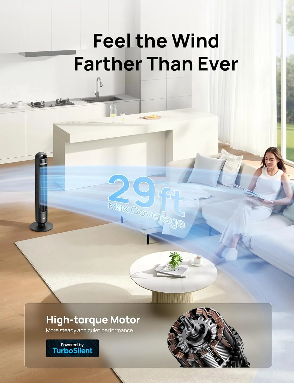 Dreo Tower Fan for Bedroom, 90 Oscillating Standing Fans for Room with 4 Speeds, 3 Modes, 28dB Quiet for Sleep, 25ft/s Velocity, 8H Timer, Remote, Living Room, Office, Home, Black, TF117