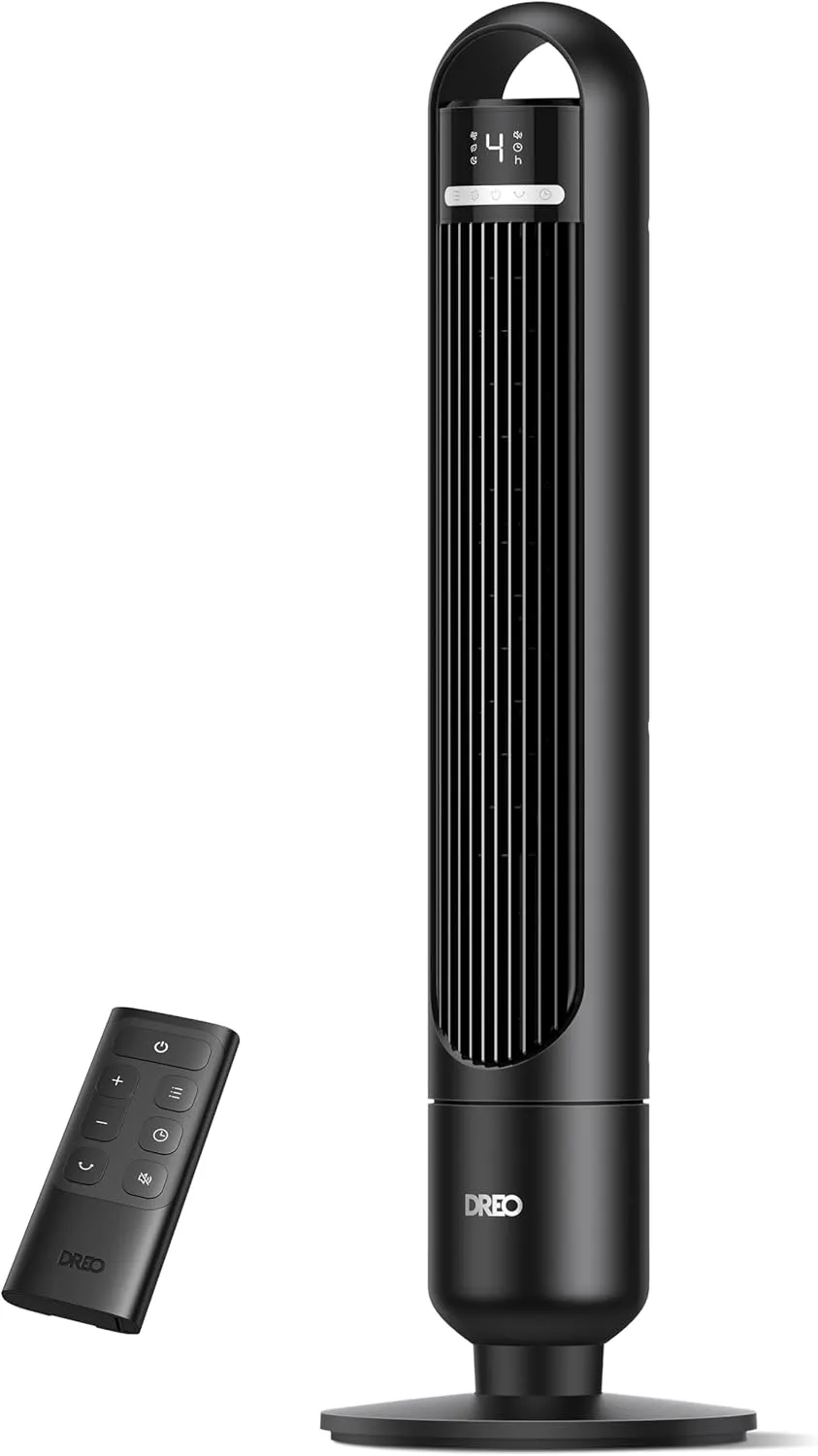 Dreo Tower Fan for Bedroom, 90 Oscillating Standing Fans for Room with 4 Speeds, 3 Modes, 28dB Quiet for Sleep, 25ft/s Velocity, 8H Timer, Remote, Living Room, Office, Home, Black, TF117 Small bladeless fan for quiet cooling