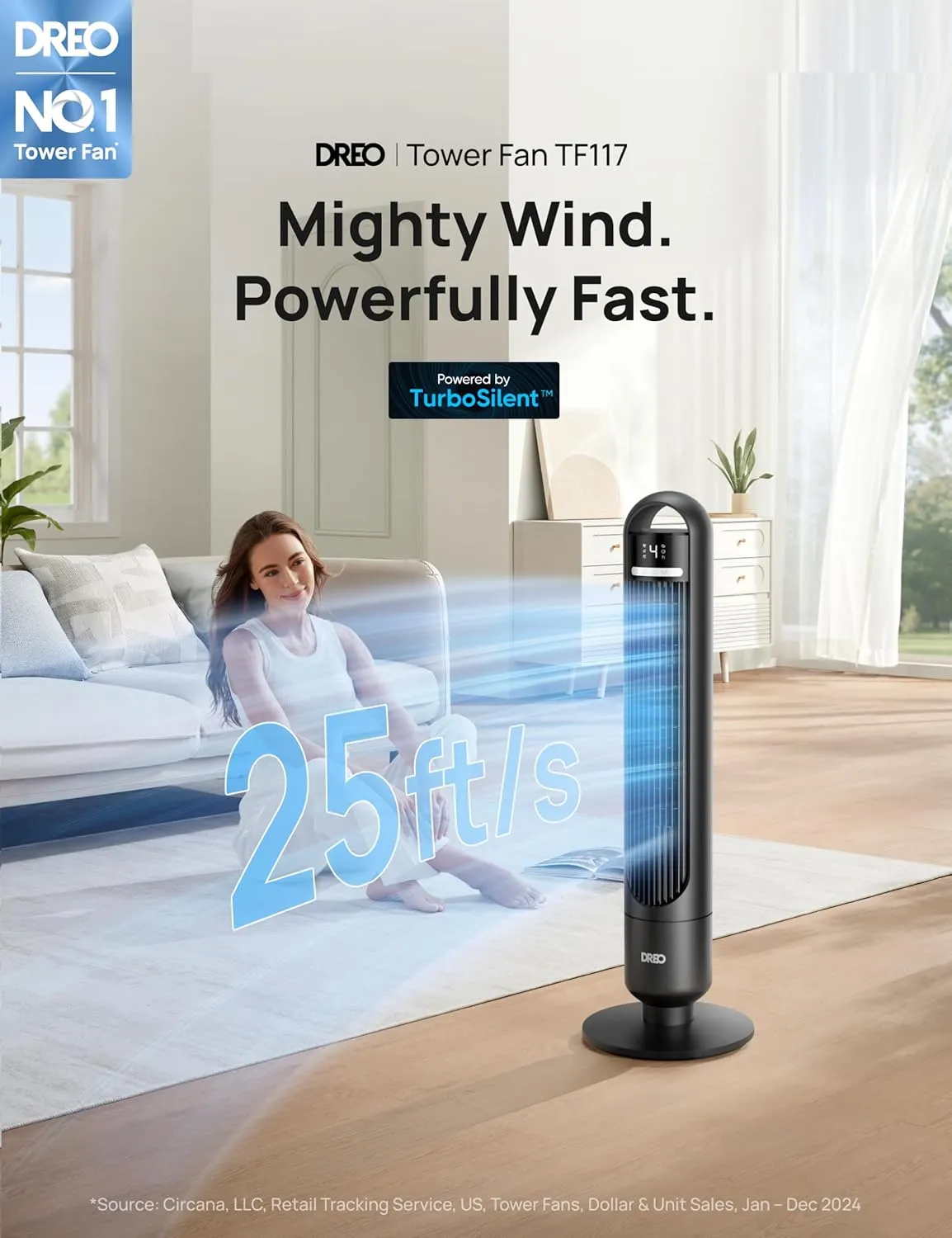 Dreo Tower Fan for Bedroom, 90 Oscillating Standing Fans for Room with 4 Speeds, 3 Modes, 28dB Quiet for Sleep, 25ft/s Velocity, 8H Timer, Remote, Living Room, Office, Home, Black, TF117