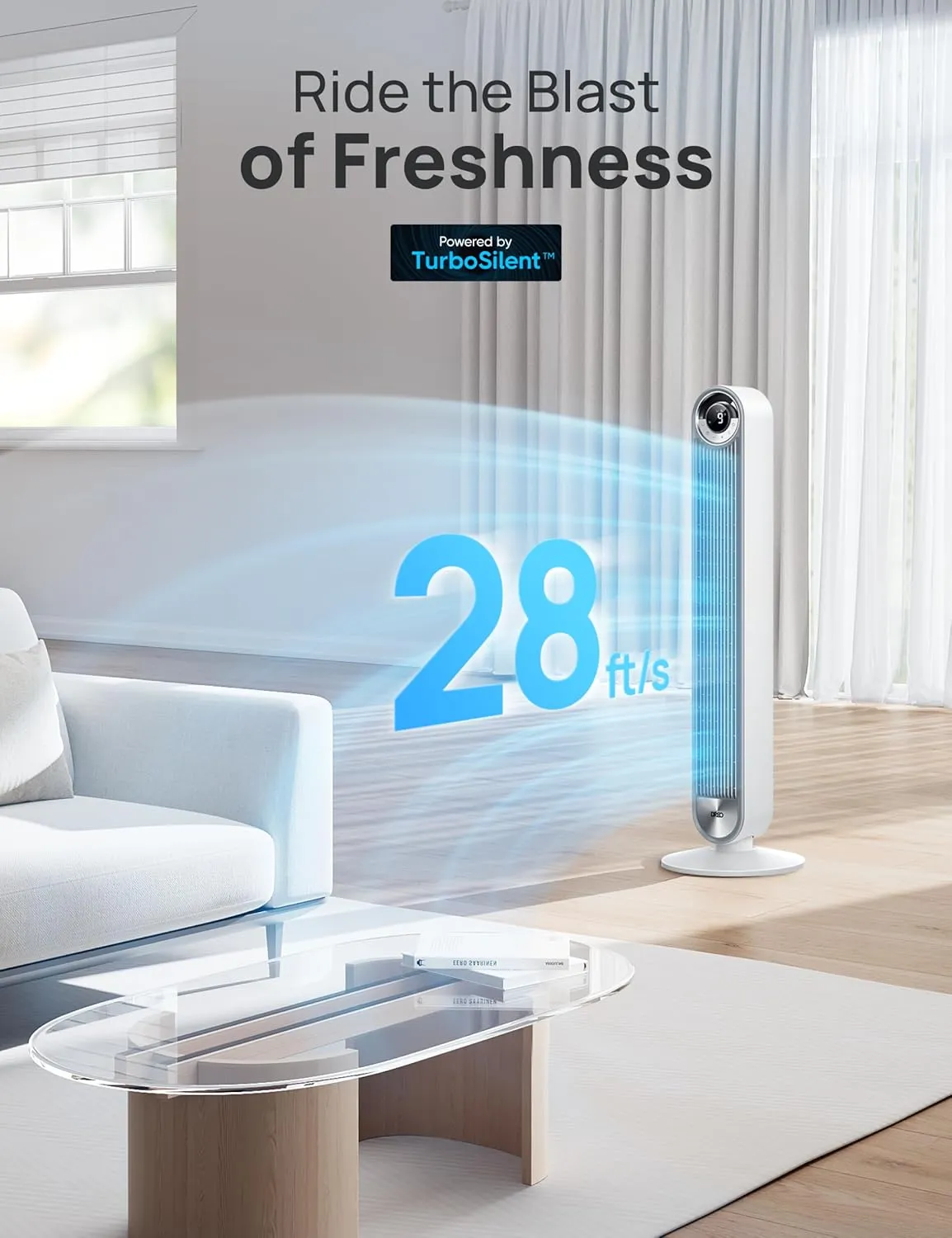 Dreo Tower Fan for Bedroom, Upgrated DC 9 Speeds Ultra-Quiet Floor Fan, 90 Oscillating Fans for Indoors with 28ft/s Velocity, 12H Timer, Standing Fans, Bladeless Fan Powerful for Home Office Room
