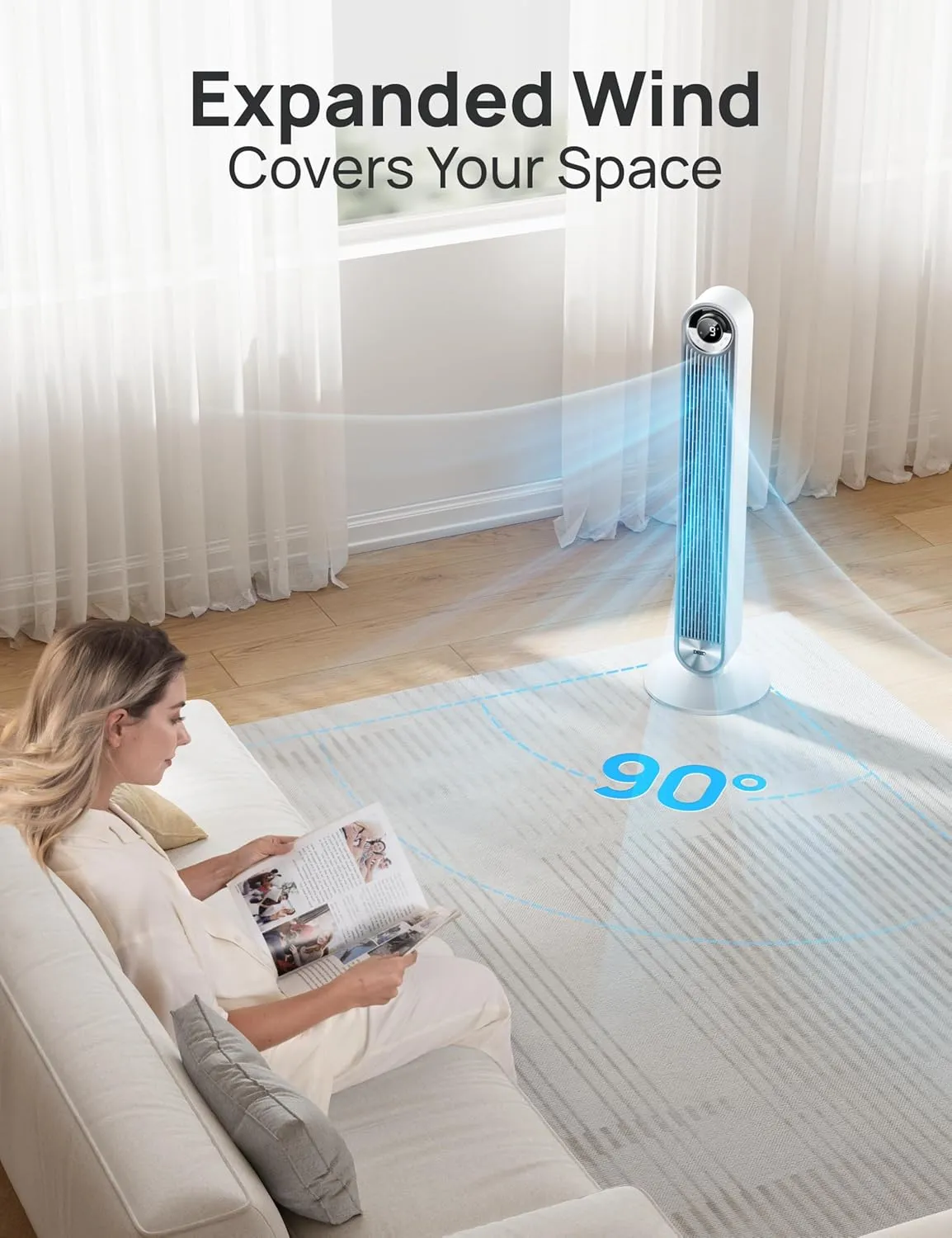 Dreo Tower Fan for Bedroom, Upgrated DC 9 Speeds Ultra-Quiet Floor Fan, 90 Oscillating Fans for Indoors with 28ft/s Velocity, 12H Timer, Standing Fans, Bladeless Fan Powerful for Home Office Room