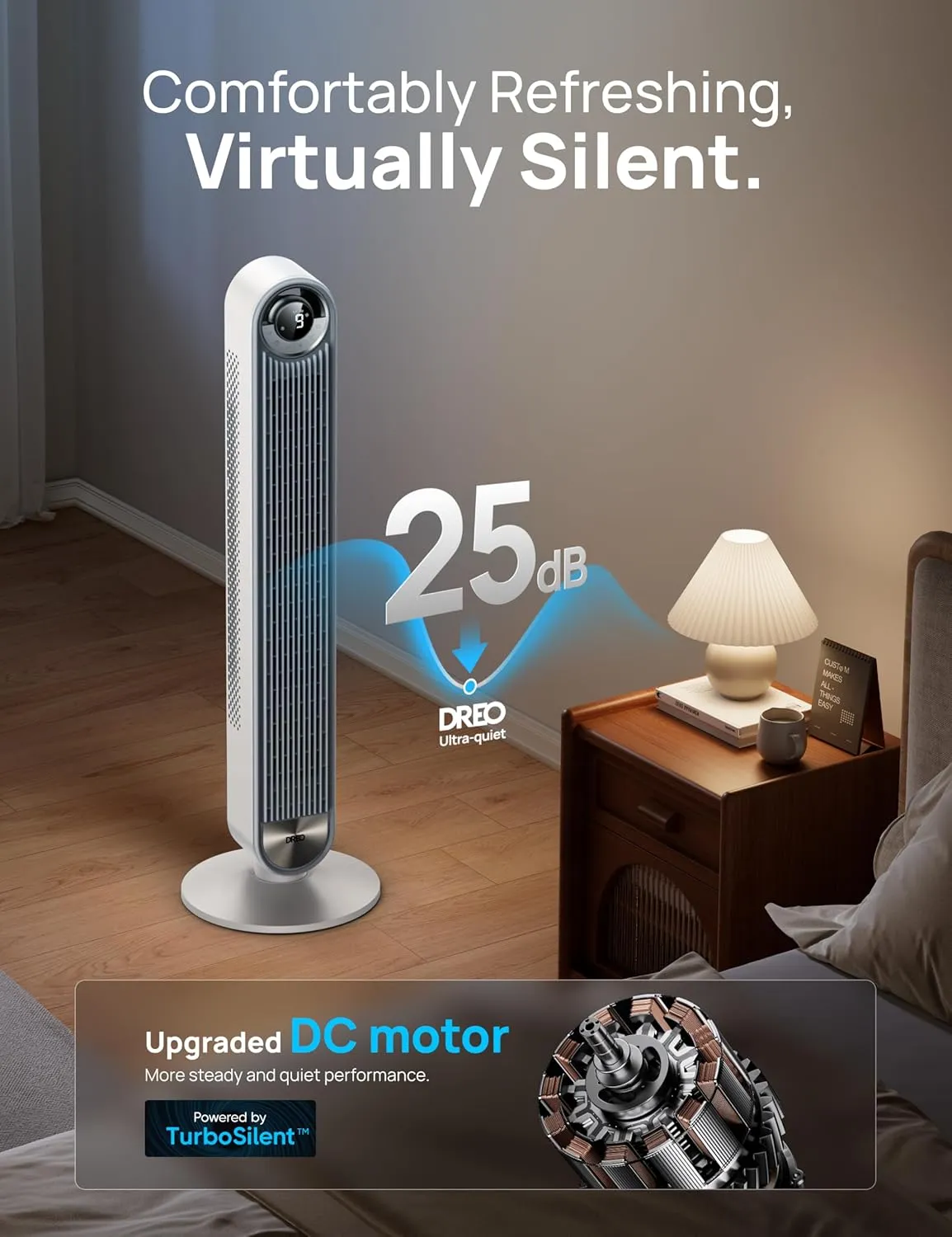 Dreo Tower Fan for Bedroom, Upgrated DC 9 Speeds Ultra-Quiet Floor Fan, 90 Oscillating Fans for Indoors with 28ft/s Velocity, 12H Timer, Standing Fans, Bladeless Fan Powerful for Home Office Room