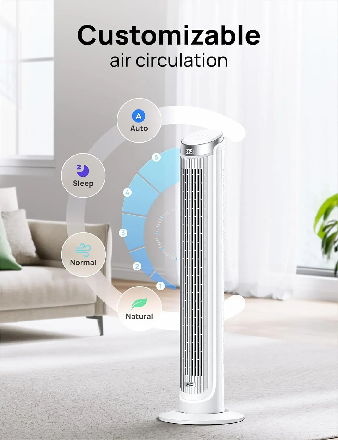 Dreo Tower Fans for Bedroom, 90Oscillating Fans for indoors,5 Speeds 4 Modes Max 26ft/s, 12H Timer, LED Display with Touch, Remote, 40" Quiet Bladeless Standing Floor Fan for Home Office, White