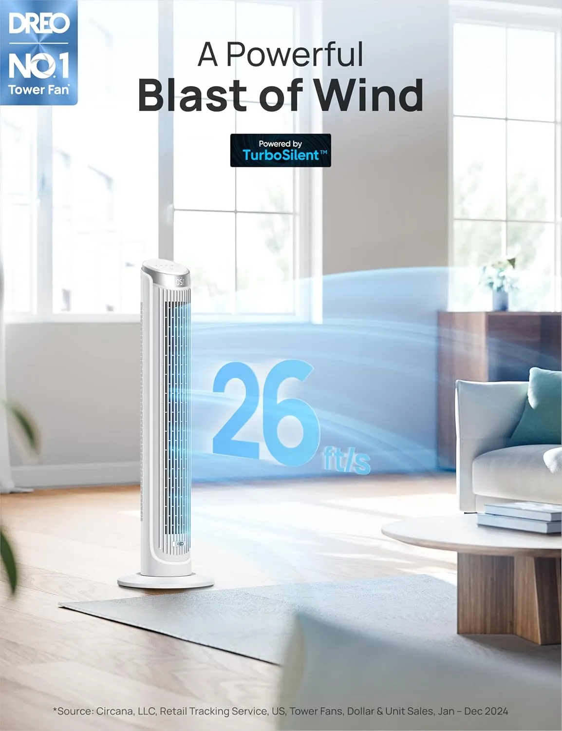 Dreo Tower Fans for Bedroom, 90Oscillating Fans for indoors,5 Speeds 4 Modes Max 26ft/s, 12H Timer, LED Display with Touch, Remote, 40" Quiet Bladeless Standing Floor Fan for Home Office, White