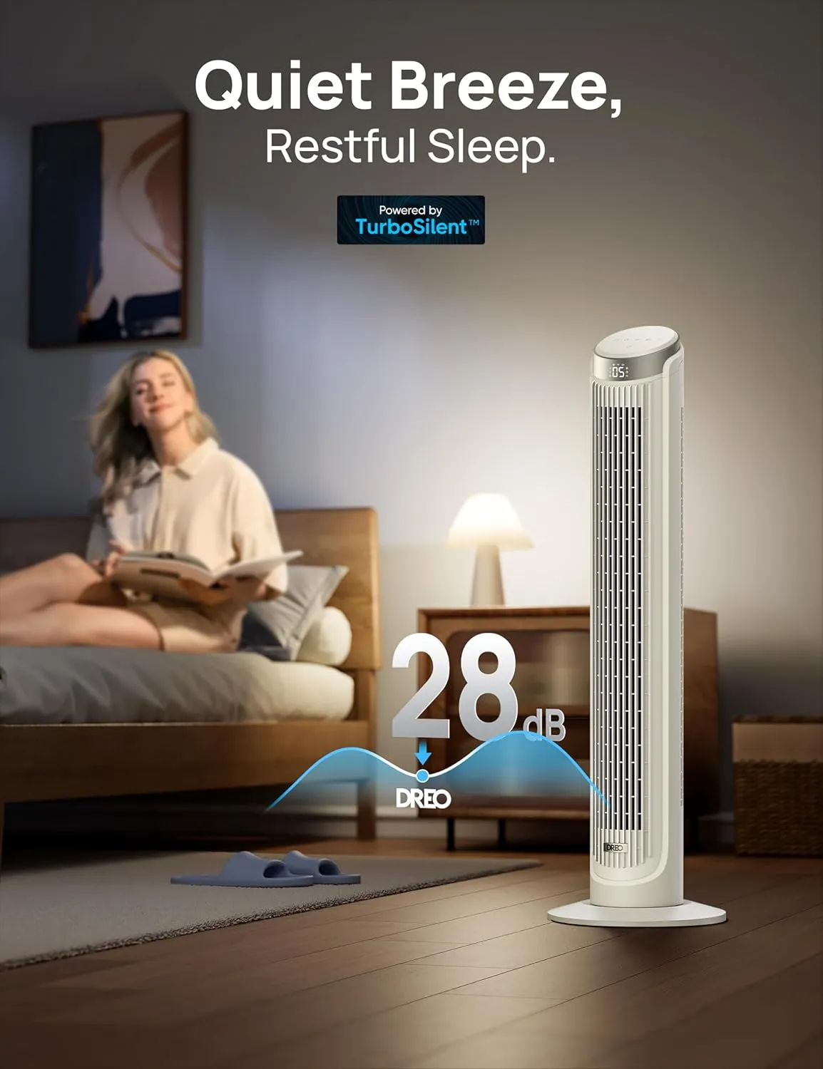 Dreo Tower Fans for Bedroom, 90Oscillating Fans for indoors,5 Speeds 4 Modes Max 26ft/s, 12H Timer, LED Display with Touch, Remote, 40" Quiet Bladeless Standing Floor Fan for Home Office, White