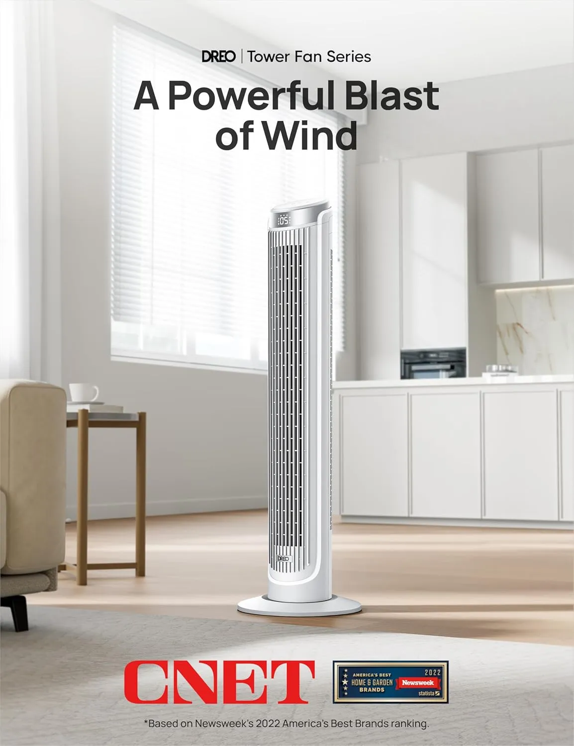 Dreo Tower Fans for Bedroom, 90Oscillating Fans for indoors,5 Speeds 4 Modes Max 26ft/s, 12H Timer, LED Display with Touch, Remote, 40" Quiet Bladeless Standing Floor Fan for Home Office, White
