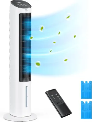 Dreo Tower Fans That Blow Cold Air, 40" Evaporative Air Cooler, Cooling Fan for Bedroom with 80 Oscillating, Ice Packs, Remote Control, 3 Modes 4-Speed Quiet Floor Fan, White Tower bladeless fan for modern homes