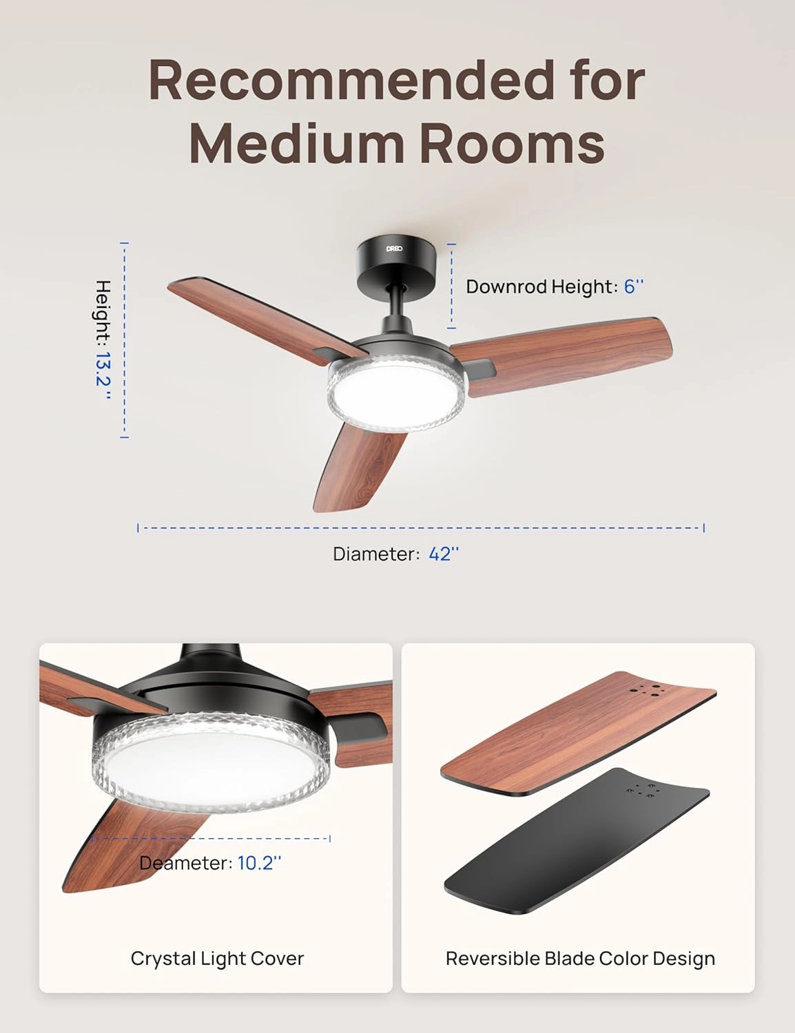 Dreo Smart Ceiling Fans with Lights, 42 Inch Black Ceiling Fan, 12 Speeds & 3 Fan Modes, Stepless Color Tones, Dimmable LED Light, 1-12H Timer, Quiet DC Motor, Remote/APP/Alexa/Wall Switch Control